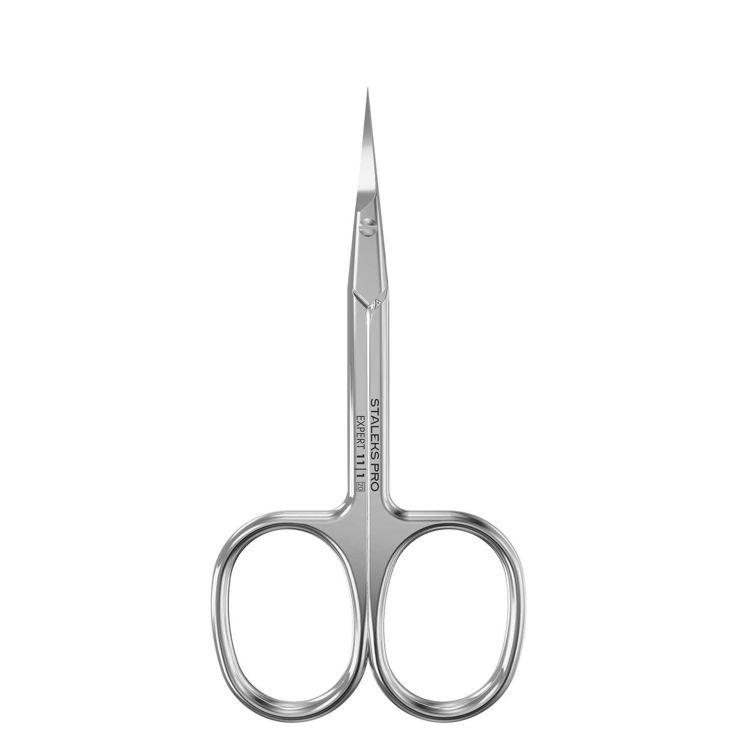The STALEKS PRO Professional Cuticle Scissors for Left-Handed Users EXPERT 11 TYPE 1 by Staleks feature sharp, pointed high-alloy stainless steel blades and two finger holes, shown against a plain black background.