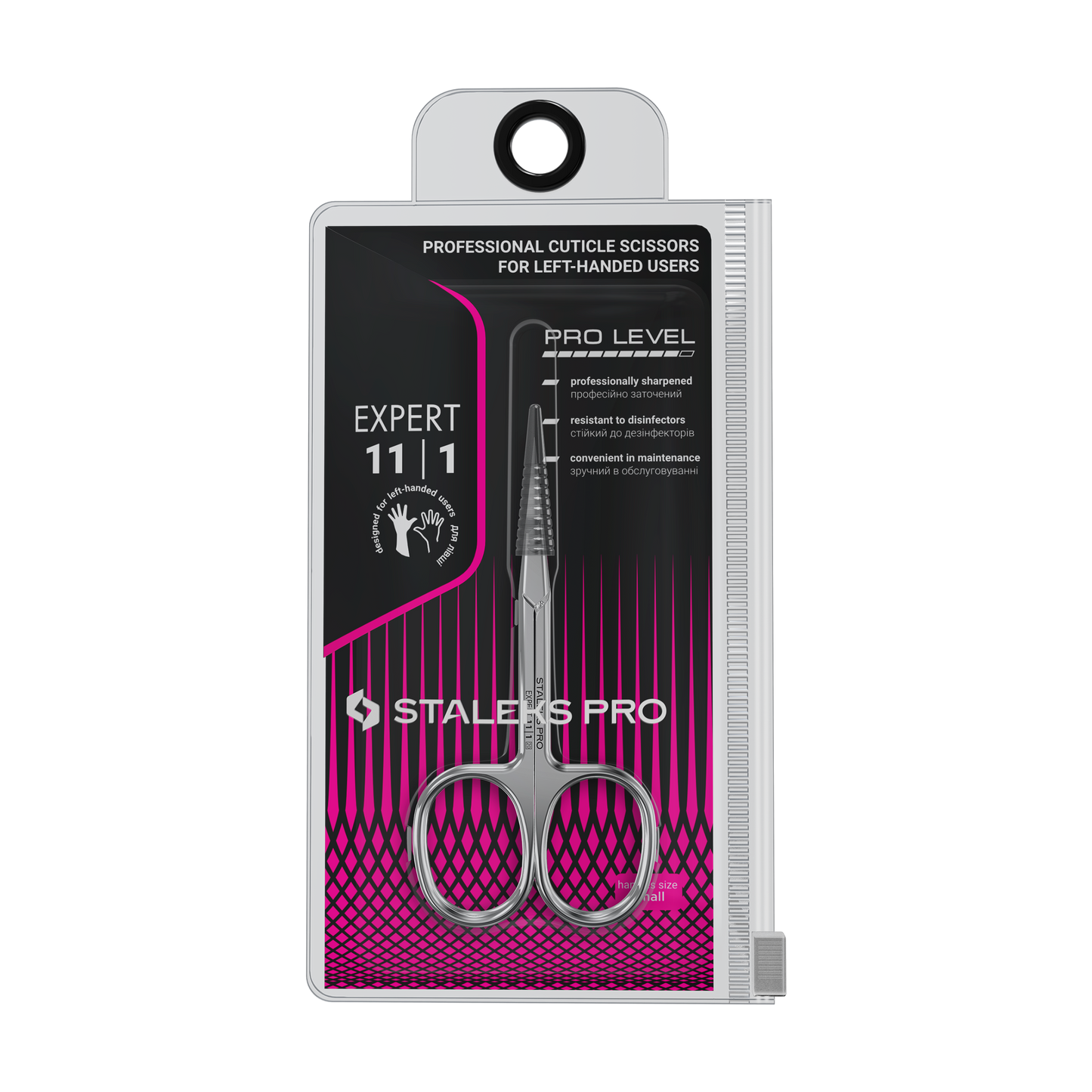 The STALEKS PRO EXPERT 11 TYPE 1 Professional Cuticle Scissors for left-handed users by Staleks are made of high-alloy stainless steel, manually sharpened, and come in a transparent case with black and pink accents.