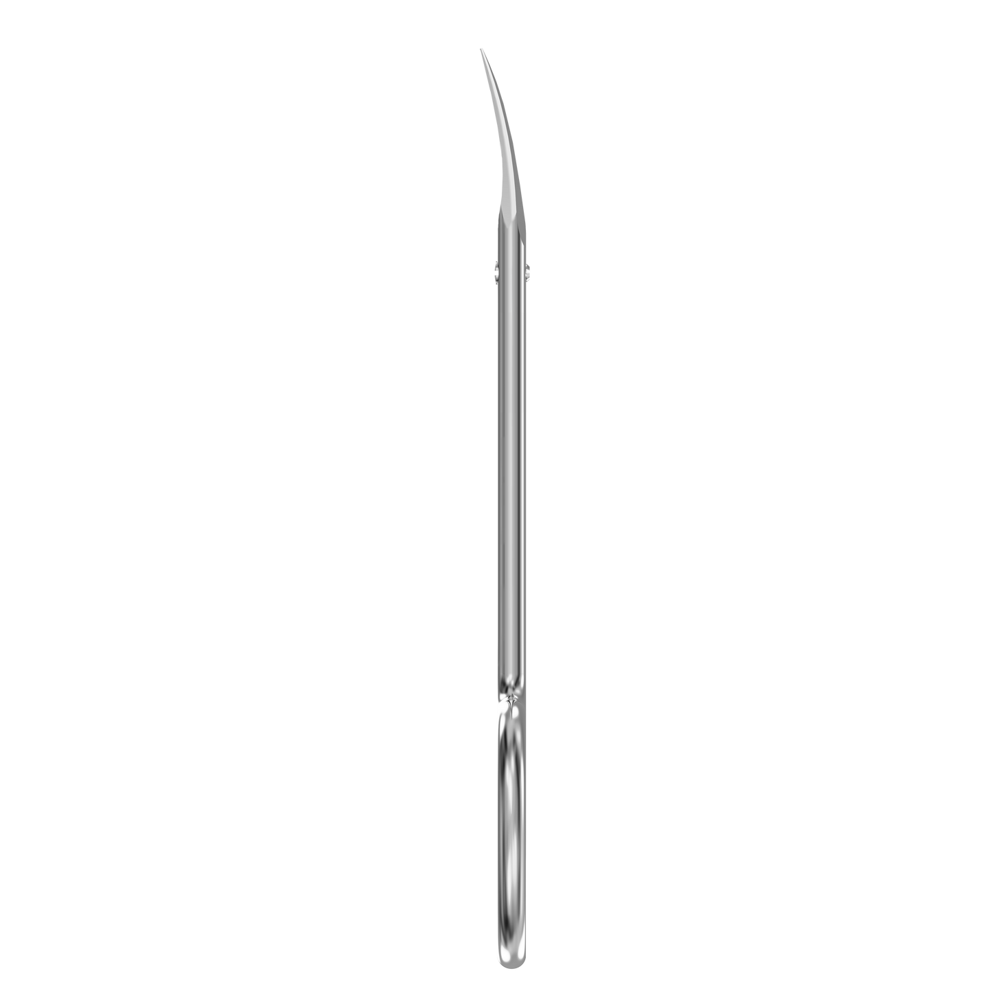 The STALEKS PRO Professional Cuticle Scissors for Left-Handed Users EXPERT 11 TYPE 3 by Staleks, featuring a long slender handle and sharply curved tip, is displayed vertically against a black background.