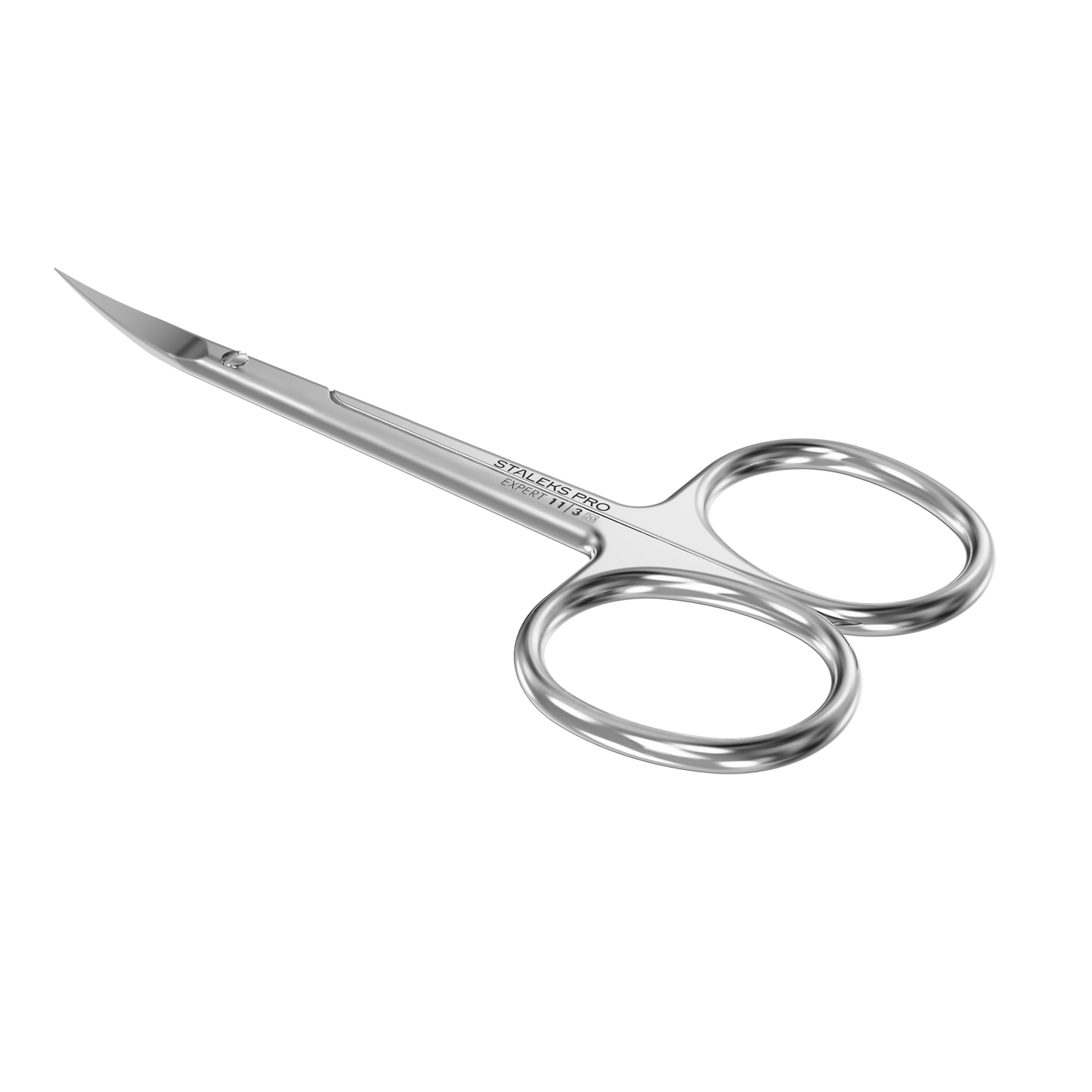 STALEKS PRO Professional Cuticle Scissors for left-handed users, brand Staleks, featuring curved, pointed blades and two round finger holes, shown against a plain black background.