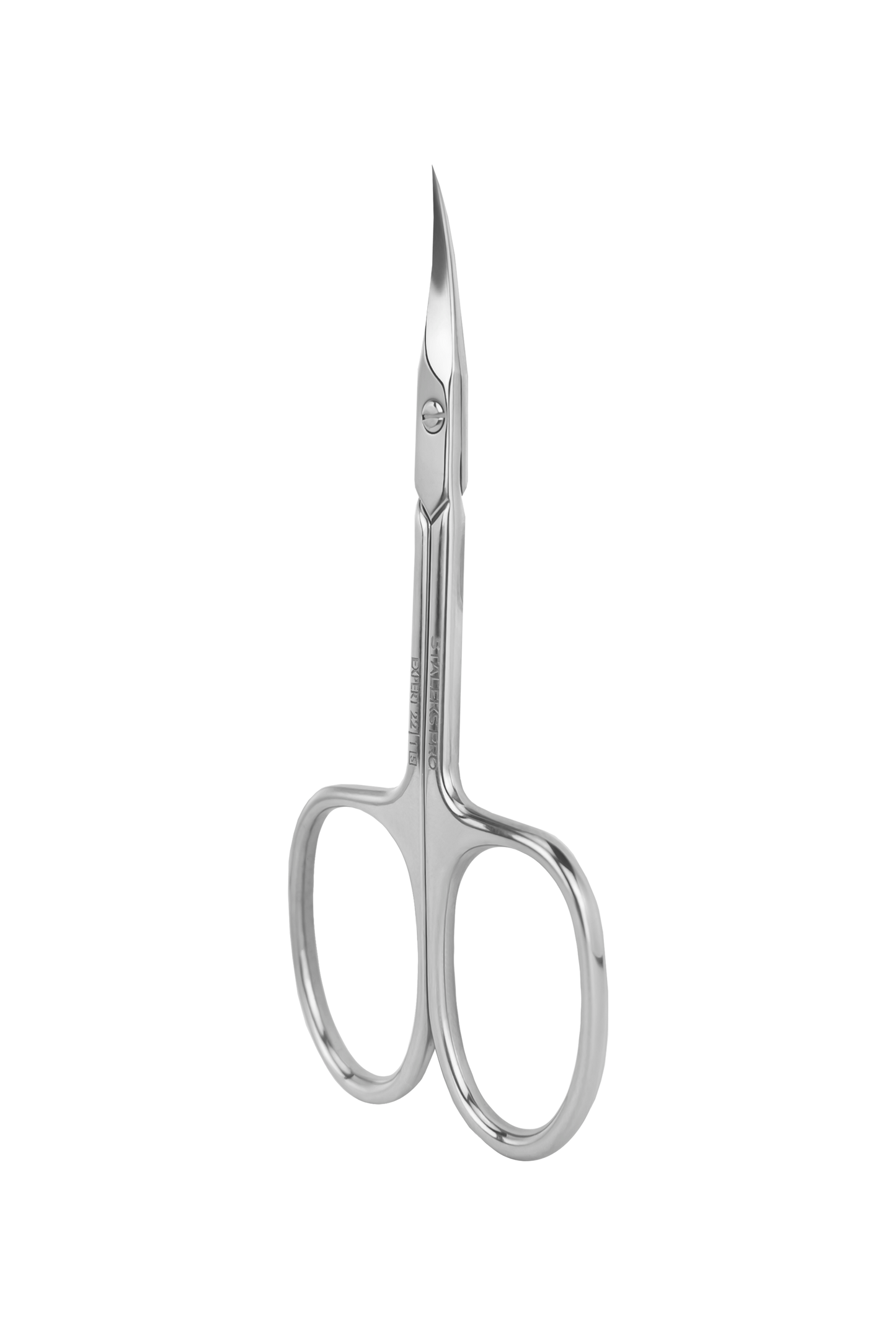 A shiny, stainless steel pair of Staleks Professional cuticle scissors EXPERT 22 TYPE 1 with narrow blades and looped handles, isolated on a white background.