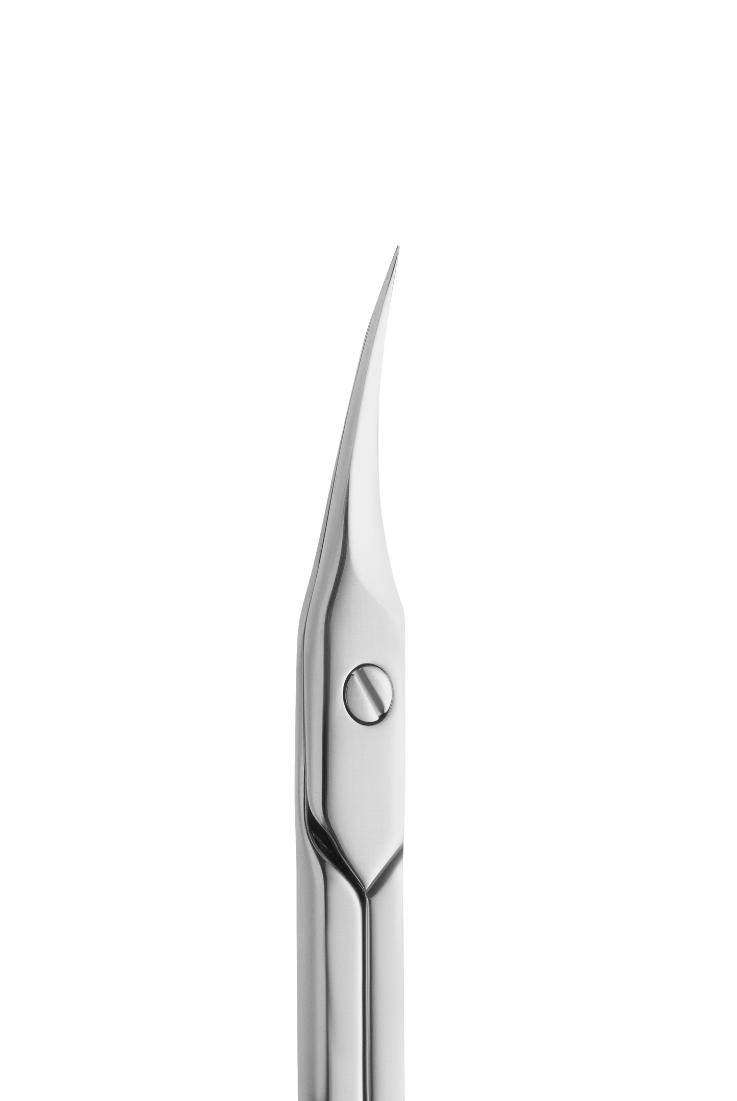Close-up of a sleek, silver Staleks fountain pen nib against a black background, highlighting its sharp tip and smooth curvature with narrow blades and a small circular vent hole.