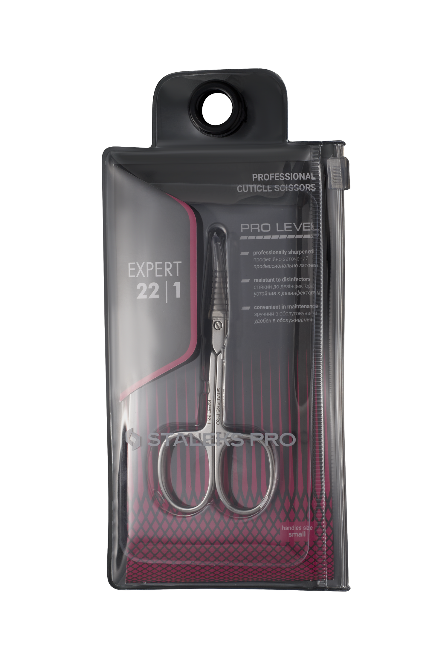 A new, packaged set of STALEKS PRO Professional cuticle scissors labeled "EXPERT 22 TYPE 1" by Staleks, presented on a black background, highlighting the sleek metal design with pink accents and narrow blades.