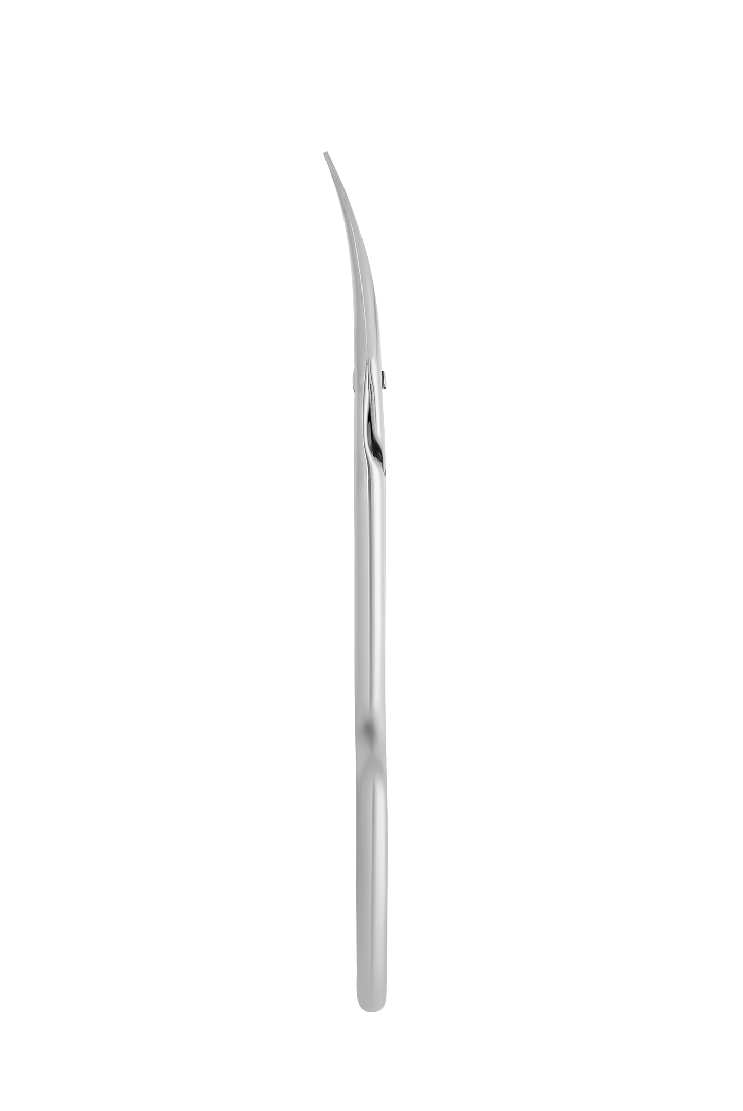 A grayscale image of a curved, slender object resembling a Staleks PRO Professional cuticle scissors EXPERT 50 TYPE 2 with manual sharpening isolated against a solid black background.
