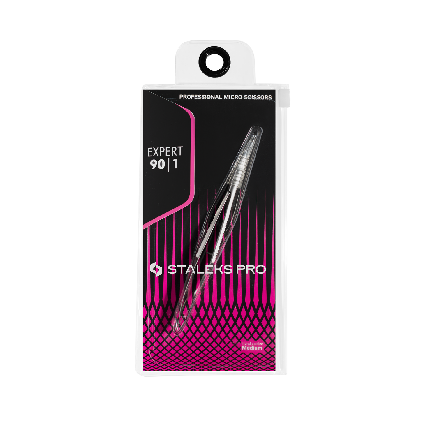 Packaging of Staleks STALEKS PRO Professional micro scissors EXPERT 90 TYPE 1 displayed in a clear and black case with vibrant pink accents, crafted from AISI 420 stainless steel.