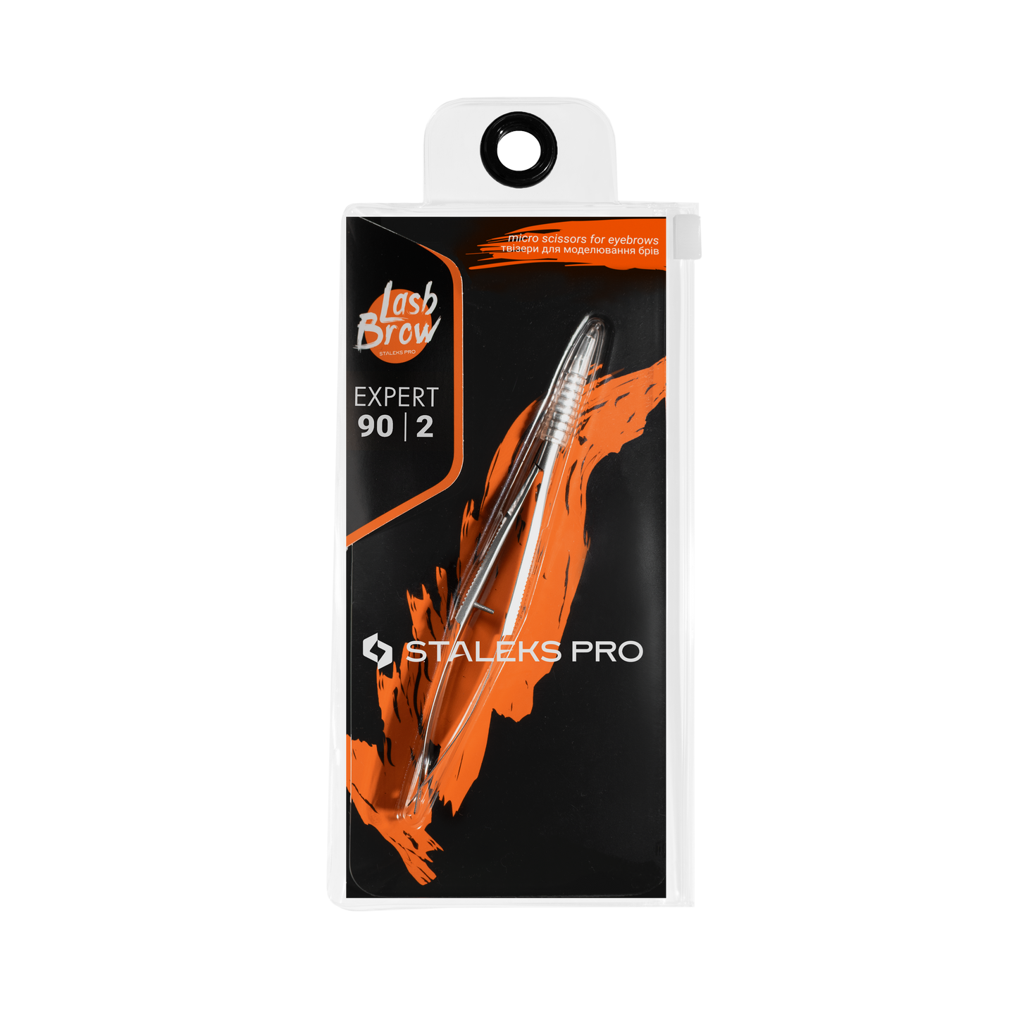 A Staleks Pro Professional Micro Scissors for Eyebrows modeling Expert 90 Type 2 cosmetic tool made of AISI 420 stainless steel, packaged in a clear plastic box with an orange splash design and black text.
