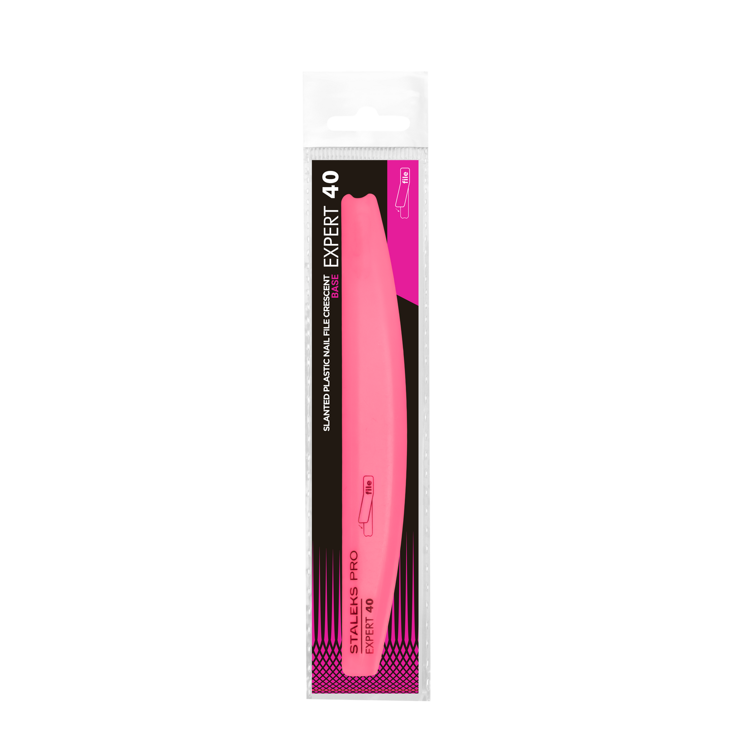 Packaging of a STALEKS PRO Slanted plastic nail file, crescent (base) EXPERT 40 displayed in a white and black box with descriptive text and a visible product design, model DFEX-40-150.