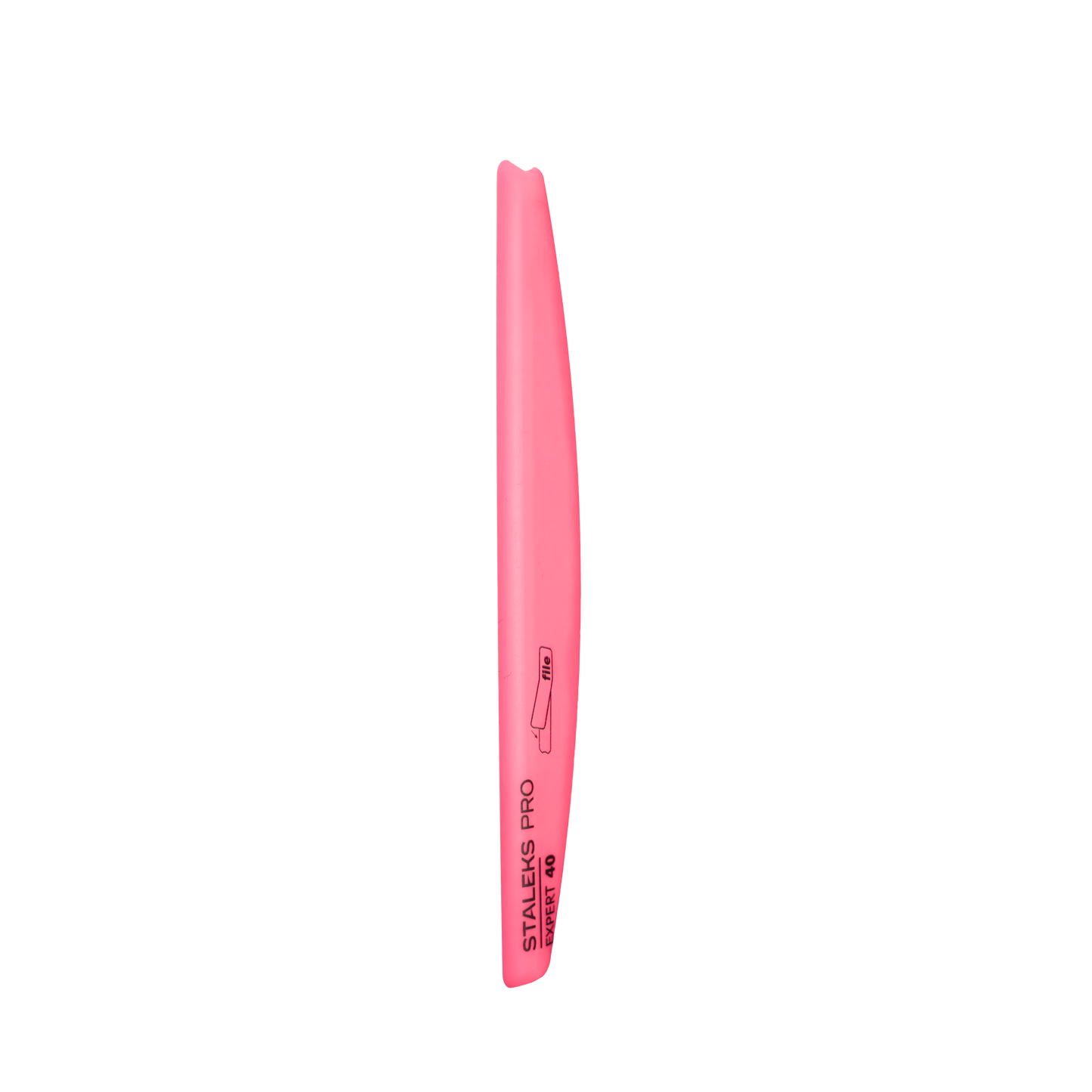 A vibrant pink slim rectangular box displaying a beauty product labeled as "Staleks' pro slanted plastic nail file, crescent (base) EXPERT 40". The box showcases the Staleks logo in a darker pink.