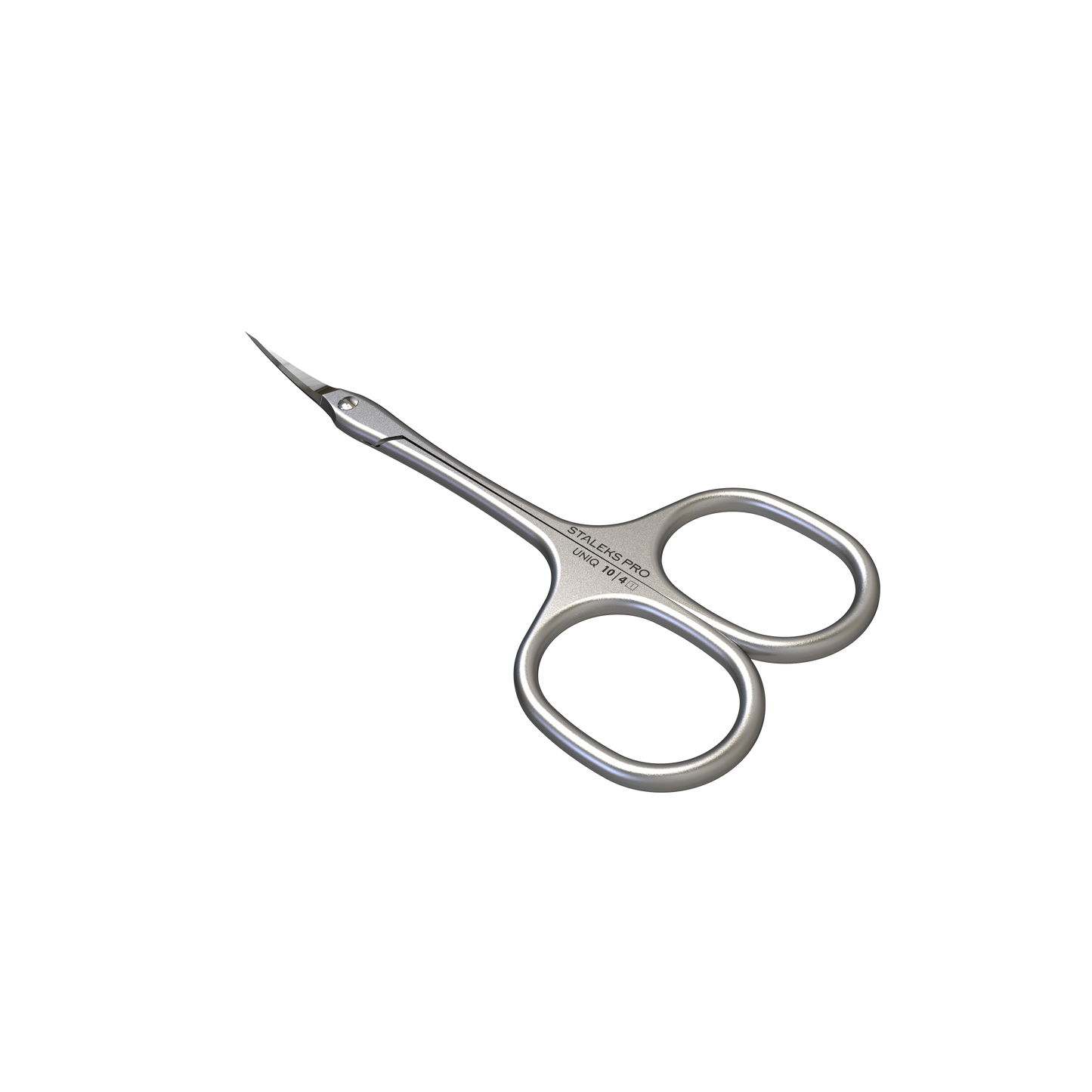 Showcasing the elegance of Staleks, the STALEKS PRO Ballerina Professional Cuticle Scissors UNIQ 10 TYPE 4 are small, curved, and crafted from stainless steel. Ideal for precision cutting in manicures, these scissors are set against a plain black background to highlight their sleek design and superior functionality.