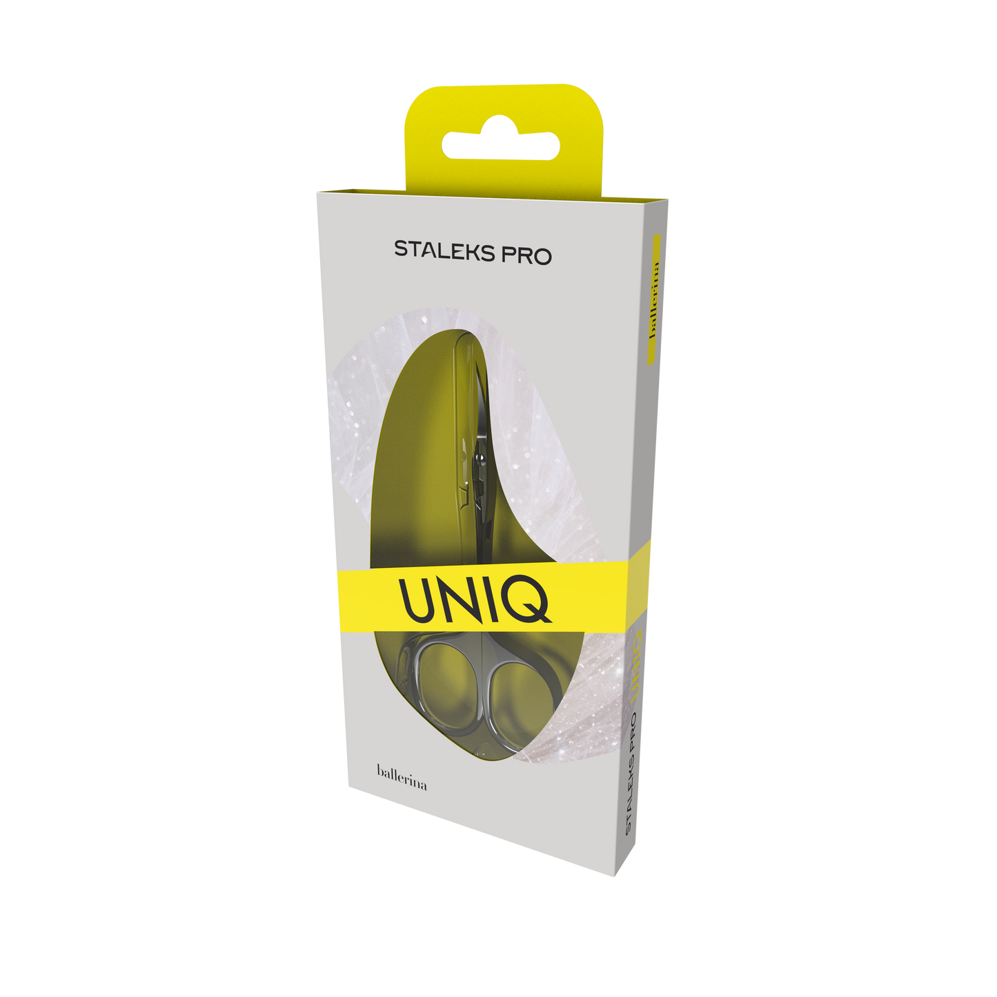 The packaging of the STALEKS PRO Ballerina Professional Cuticle Scissors UNIQ 10 TYPE 4 by Staleks features a contemporary design with a yellow accent and the brand's iconic logo, making it ideal for manicure tool enthusiasts.