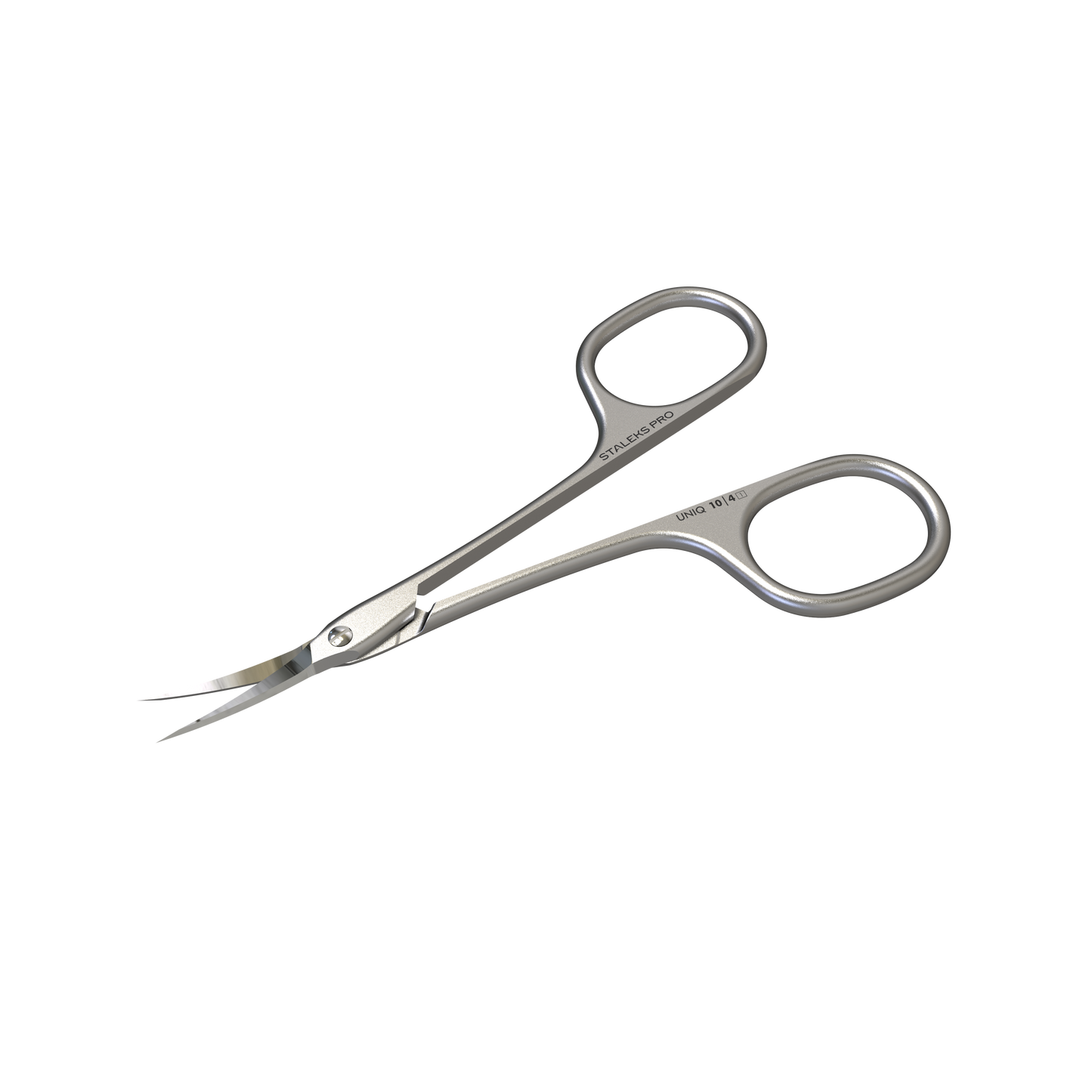The STALEKS PRO Ballerina Professional Cuticle Scissors UNIQ 10 TYPE 4 by Staleks, featuring curved blades and metal finger loops, are presented against a solid black background.