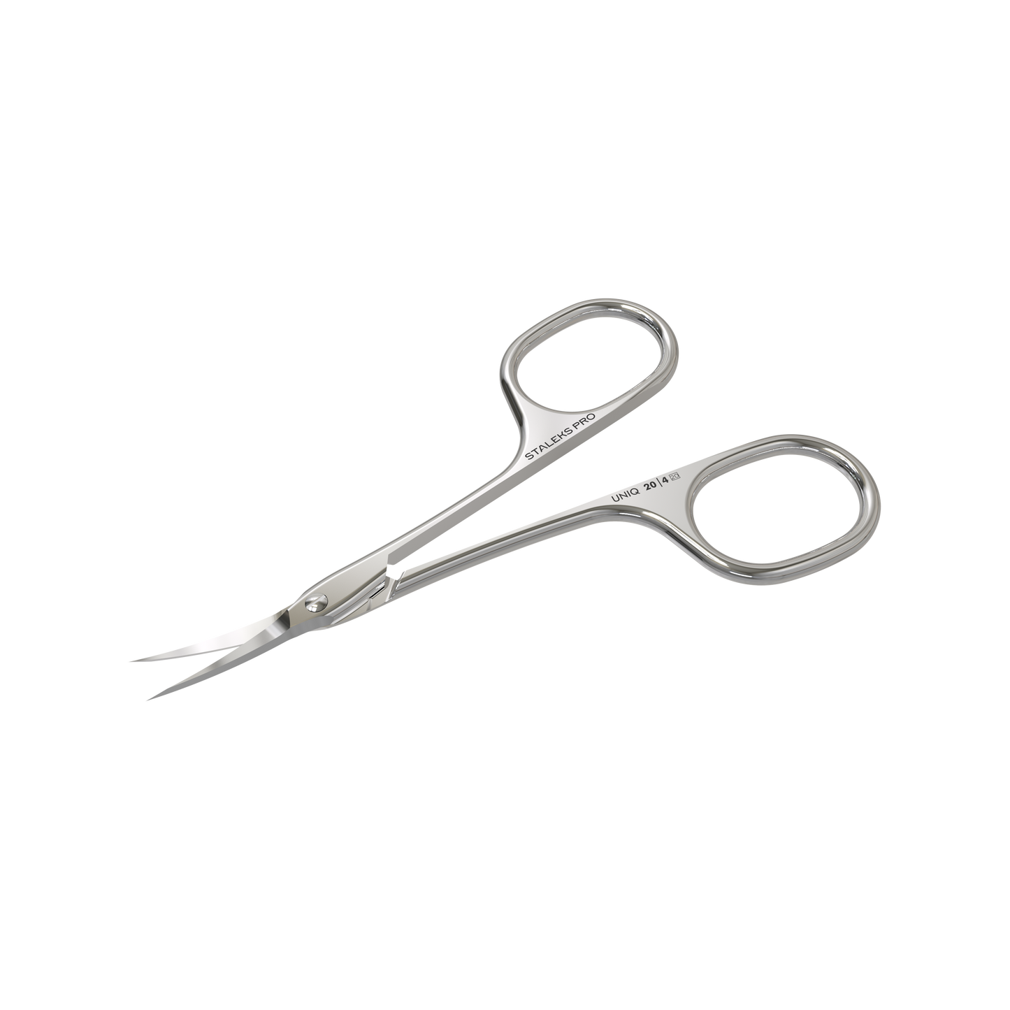 The STALEKS PRO Asymmetric Professional Cuticle Scissors UNIQ 20 TYPE 4 by Staleks, featuring sharp stainless steel blades and ergonomic looped handles, are displayed alone on a black background.