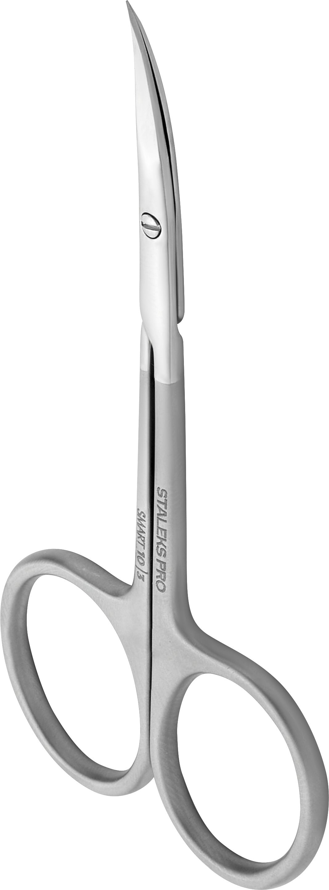 The Staleks STALEKS PRO Professional Cuticle Scissors SMART 10 TYPE 3 feature curved, pointed high-alloy stainless steel blades and ergonomic finger holes for precise trimming and professional sharpness.