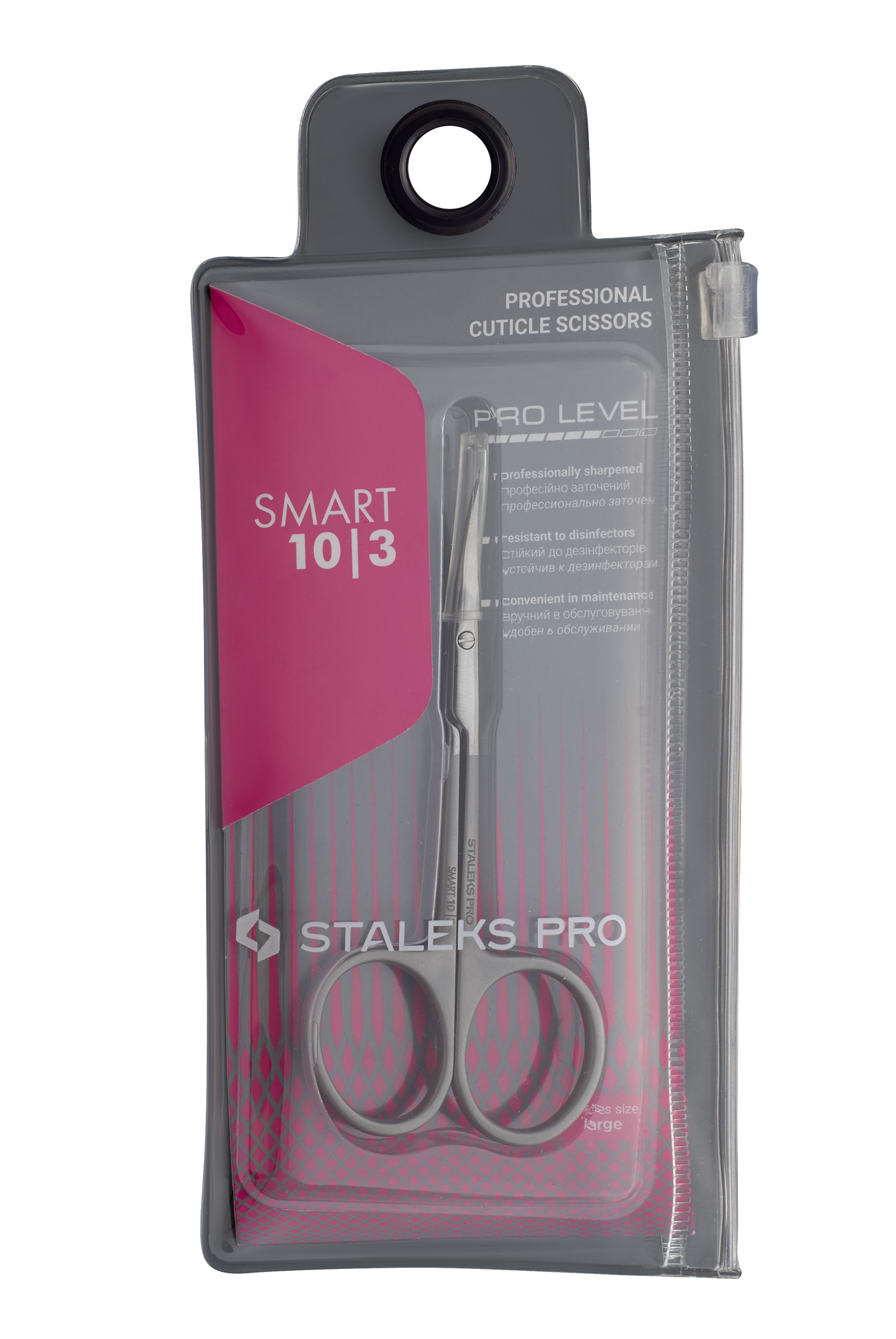 A pair of Staleks STALEKS PRO Professional Cuticle Scissors SMART 10 TYPE 3, made from high-alloy stainless steel, comes in a clear zippered case with gray and pink labeling.