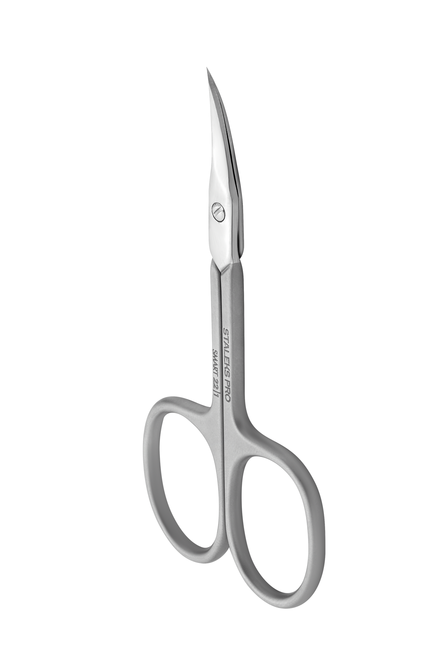 A pair of STALEKS PRO Professional cuticle scissors SMART 22 TYPE 1 with narrow straight blades and large finger holes, lying on a white background.