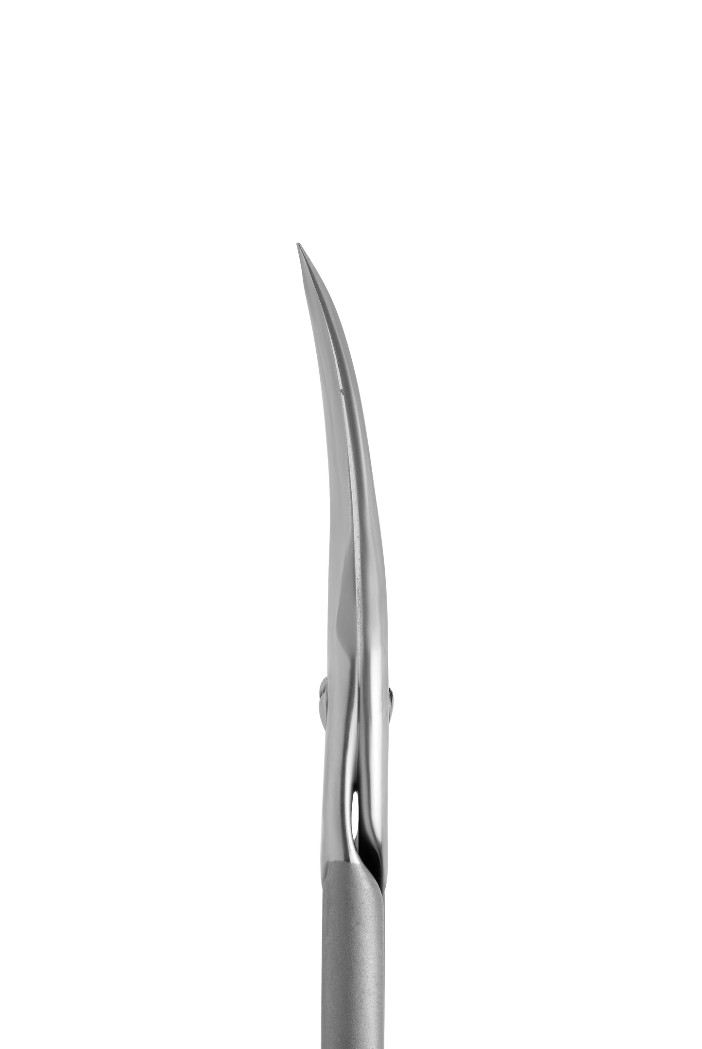 Close-up of a Staleks professional cuticle scissors SMART 22 TYPE 1 with a sleek, corrosion-resistant design, reflecting light, isolated against a white background.