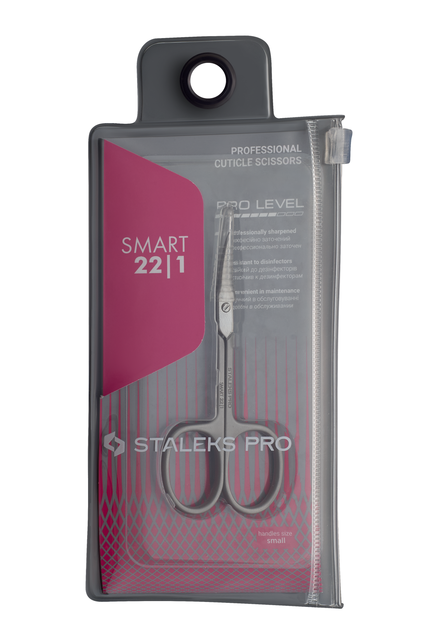 Packaging of the STALEKS PRO Professional cuticle scissors SMART 22 TYPE 1 by Staleks featuring a clear front, black background, and a vivid pink and grey design with narrow straight blades visibly enclosed.