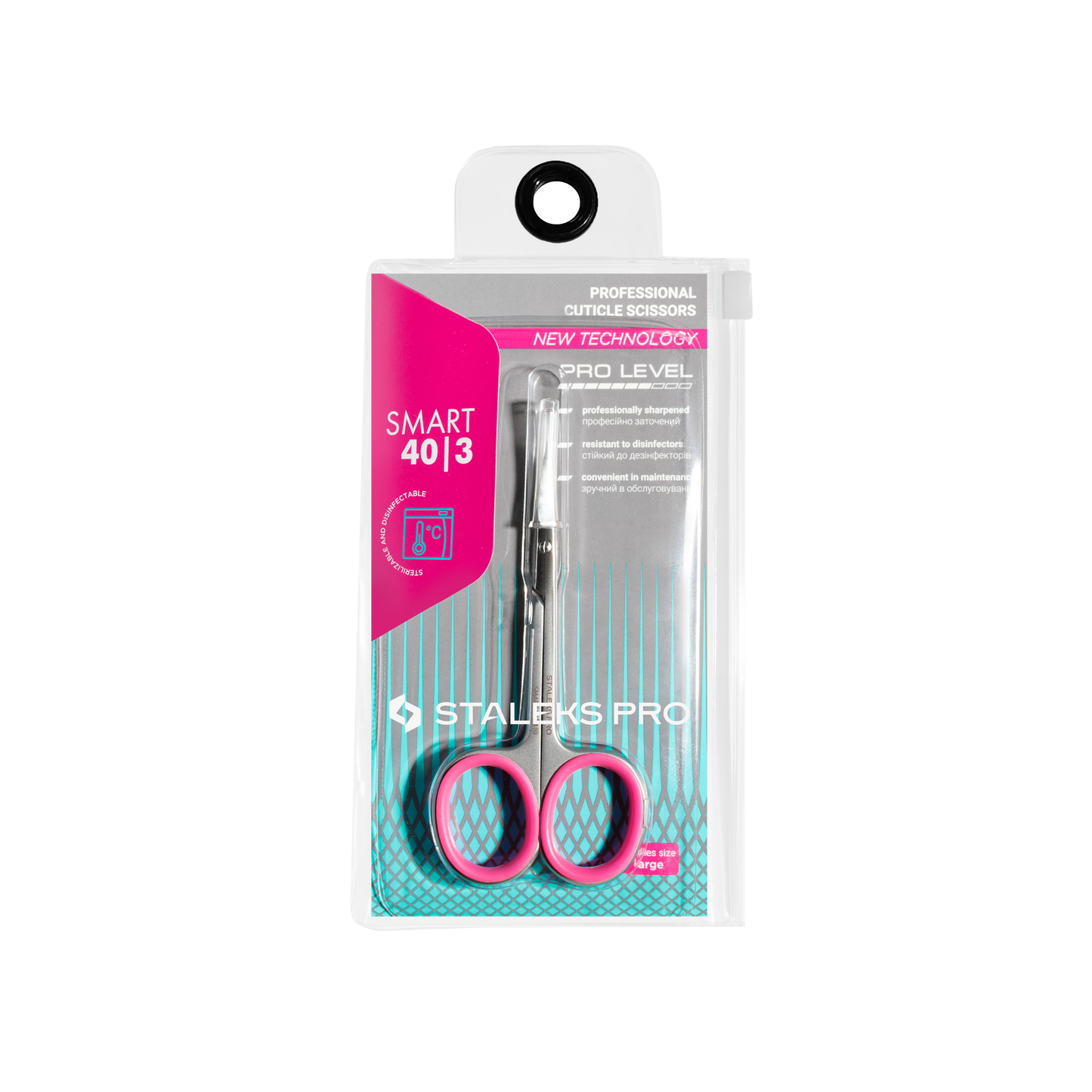 Packaging for Staleks STALEKS PRO Professional cuticle scissors SMART 40 TYPE 3 ergonomic nail scissors, featuring a sleek design with pink and black accents, set against a clear and white background.