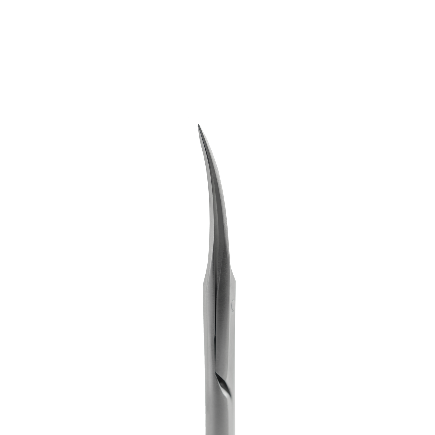 A close-up of a sleek, modern STALEKS PRO Professional cuticle scissors SMART 40 TYPE 3 with a curved blade and a minimalist black handle featuring comfortable silicone inserts, emphasizing its sharp edge and reflective surface.