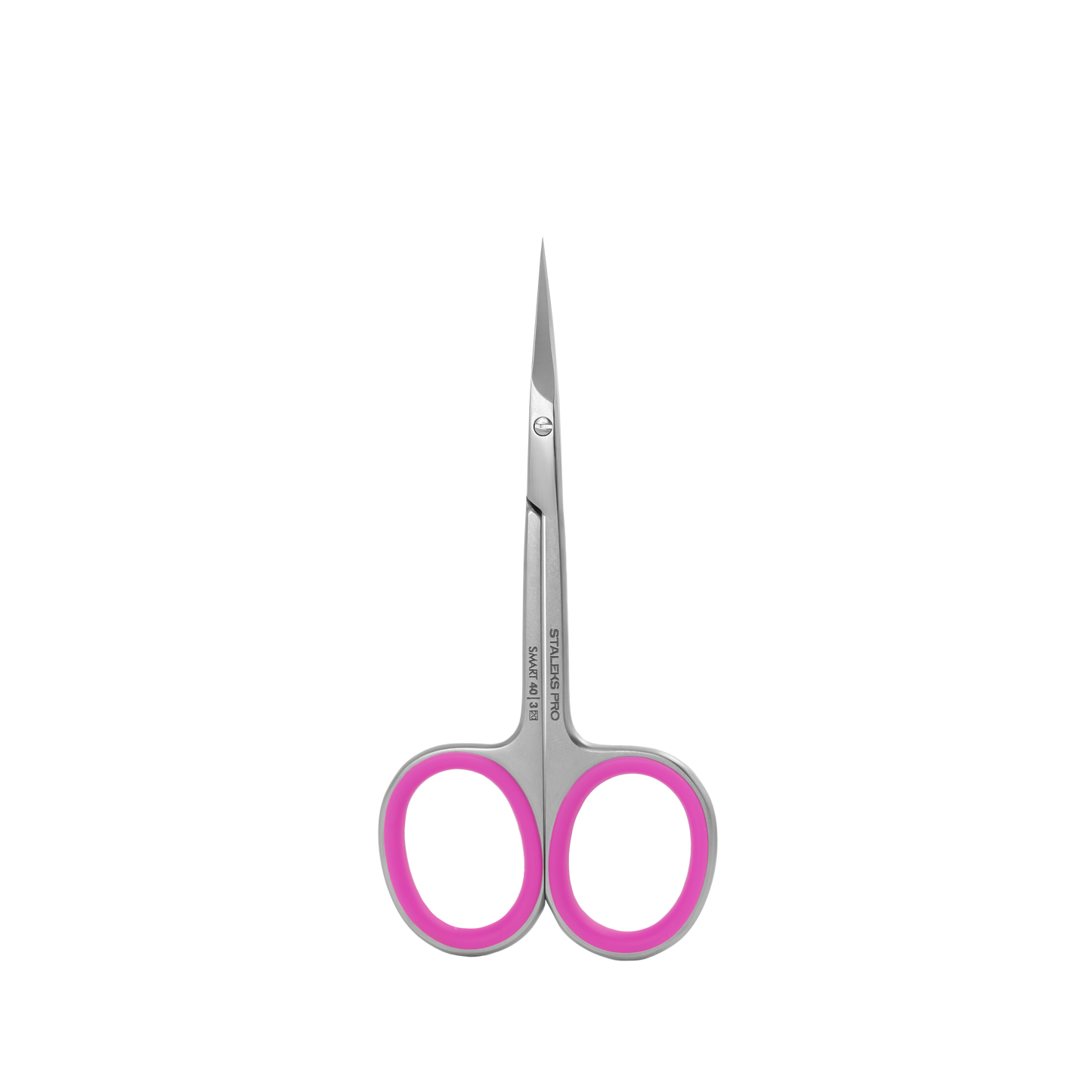 A pair of STALEKS PRO Professional cuticle scissors SMART 40 TYPE 3 with pink, comfortable silicone inserts for the finger loops, positioned vertically on a white background.