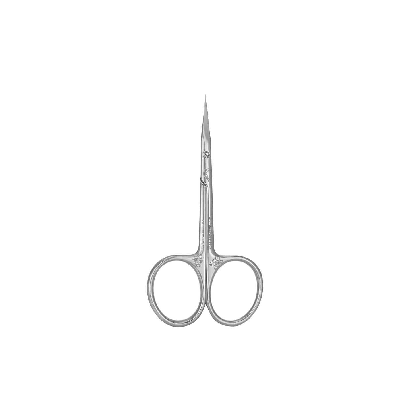 A pair of small, intricately designed Staleks PRO Professional cuticle scissors (magnolia) EXCLUSIVE 20 TYPE 2 with shiny, reflective surfaces and finely detailed handles.