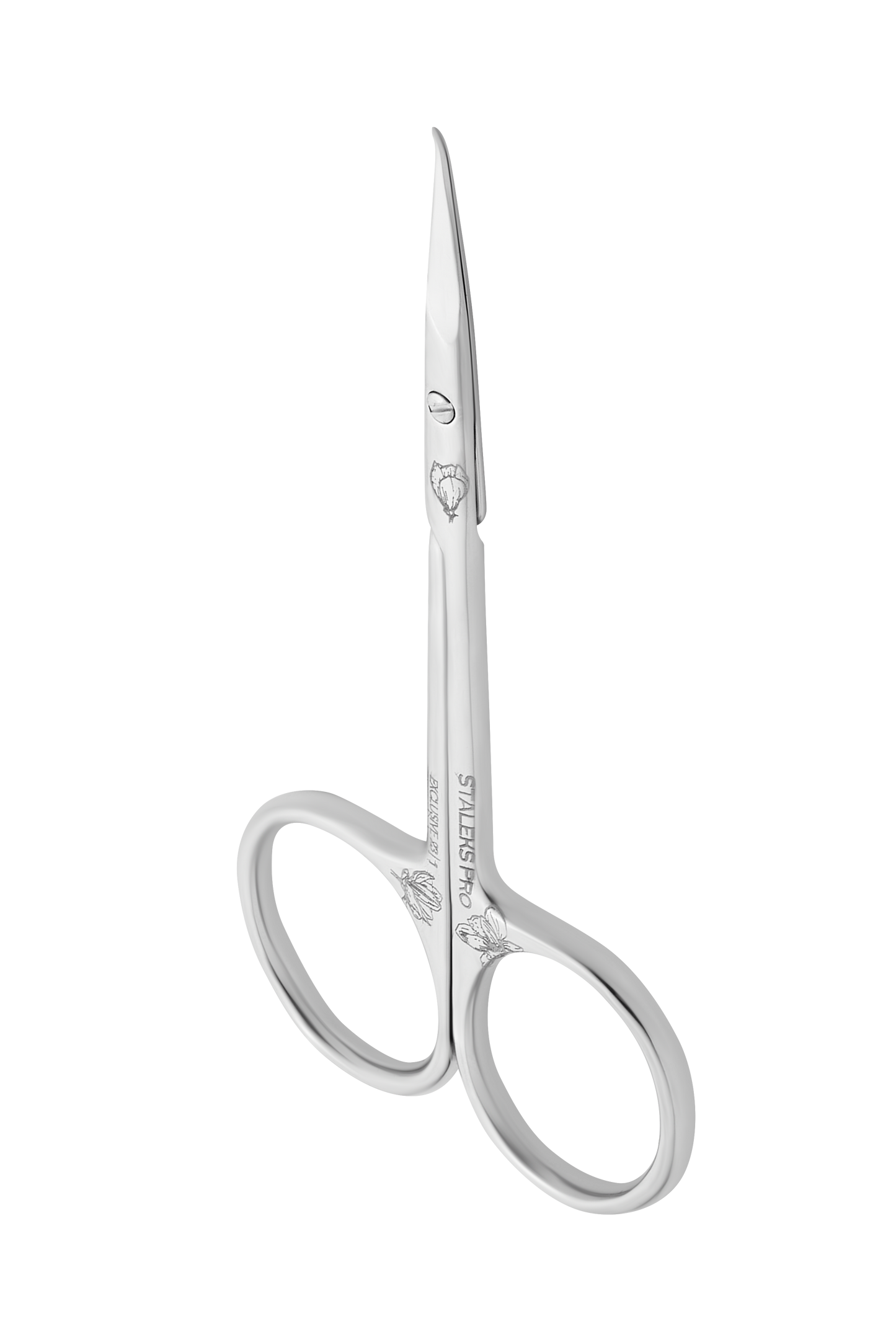 A pair of Staleks Professional cuticle scissors elongated handles (magnolia) EXCLUSIVE 23 TYPE 1 on a white background, featuring ornate floral designs on the handles and a surgically precise curved blade.