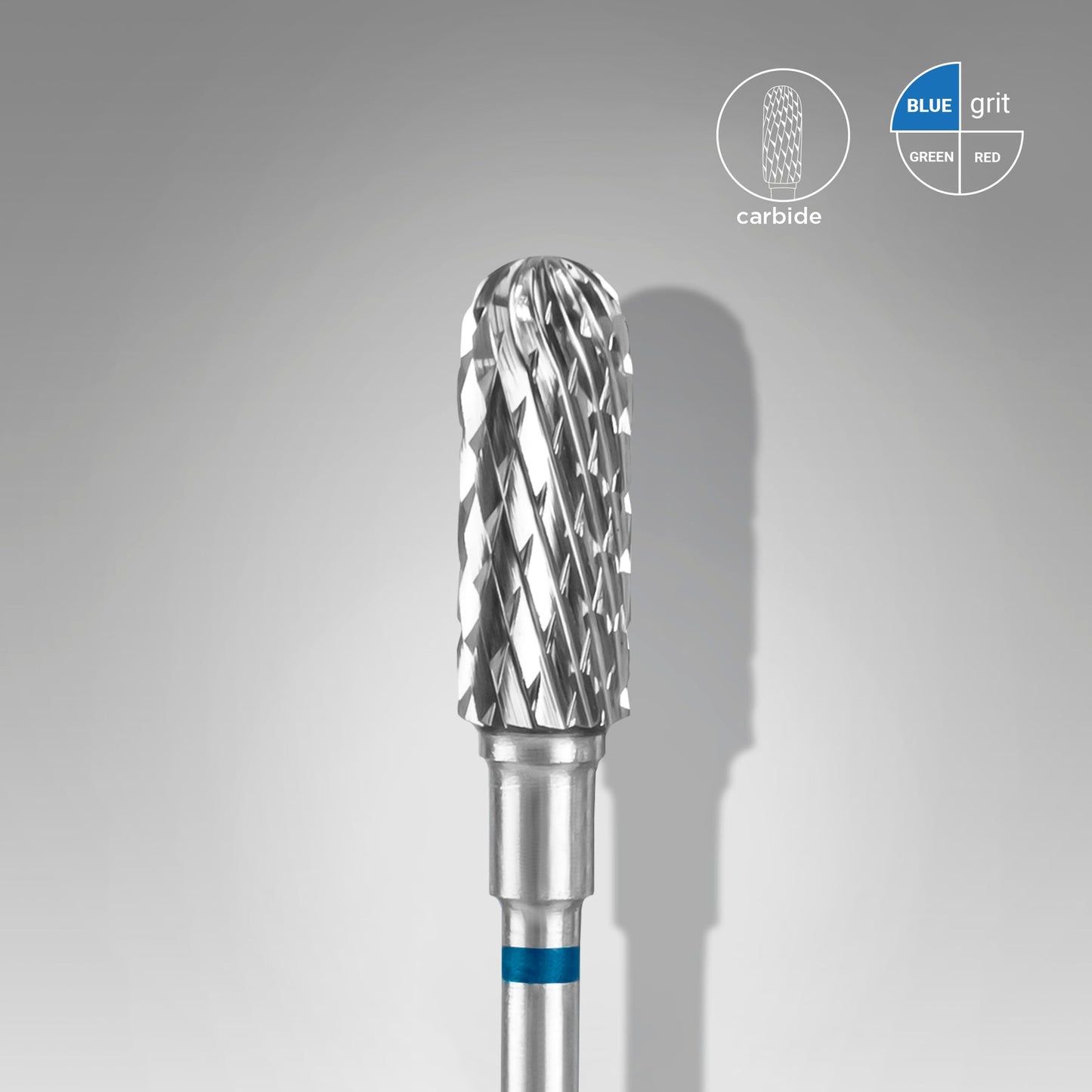 Close-up view of a Staleks PRO Carbide nail drill bit rounded (cylinder) with a blue color band indicating grit size, designed for professional use in manicure and pedicure treatments. This tool rests against a soft gray background.