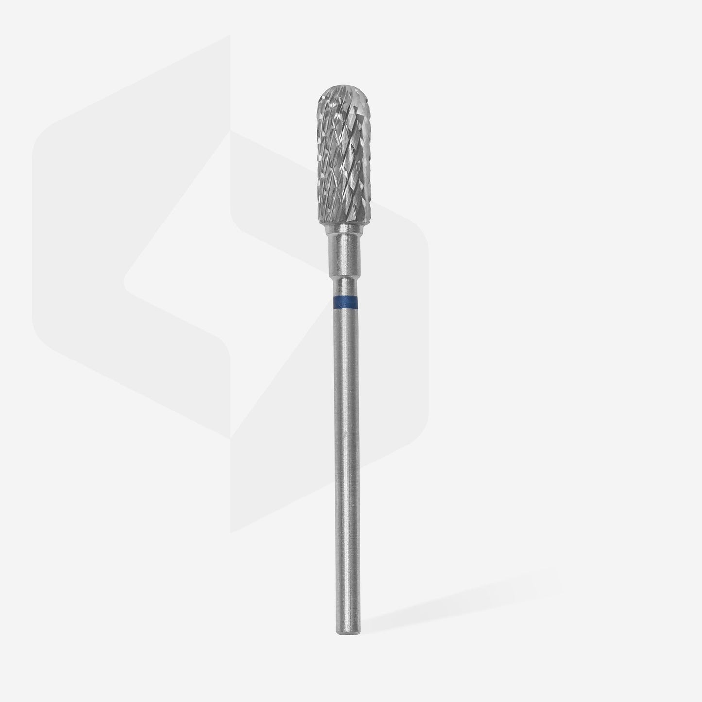 A cylindrical, metallic Staleks PRO Carbide nail drill bit rounded (cylinder) blue with a textured working end and a smooth shank, designed for professional use in manicure and pedicure, isolated on a white background with a subtle