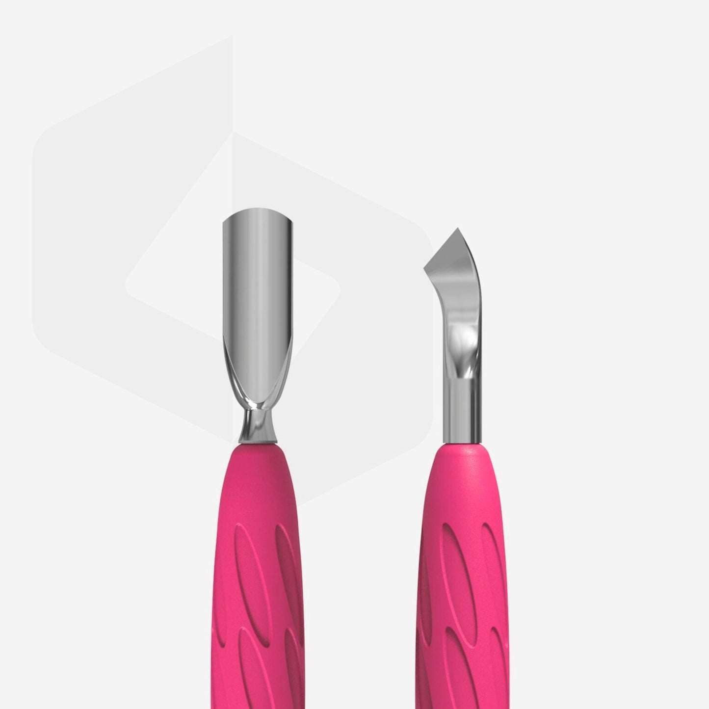 Displayed against a light gray background are two STALEKS PRO Gummy Manicure Pushers from the brand Staleks, featuring textured pink silicone handles and metallic blades. The left tool, ideal for manicure and pedicure tasks, includes a narrow rounded pusher with a curved blade, while the right boasts an angled blade; both tools are professionally sharpened for precision.