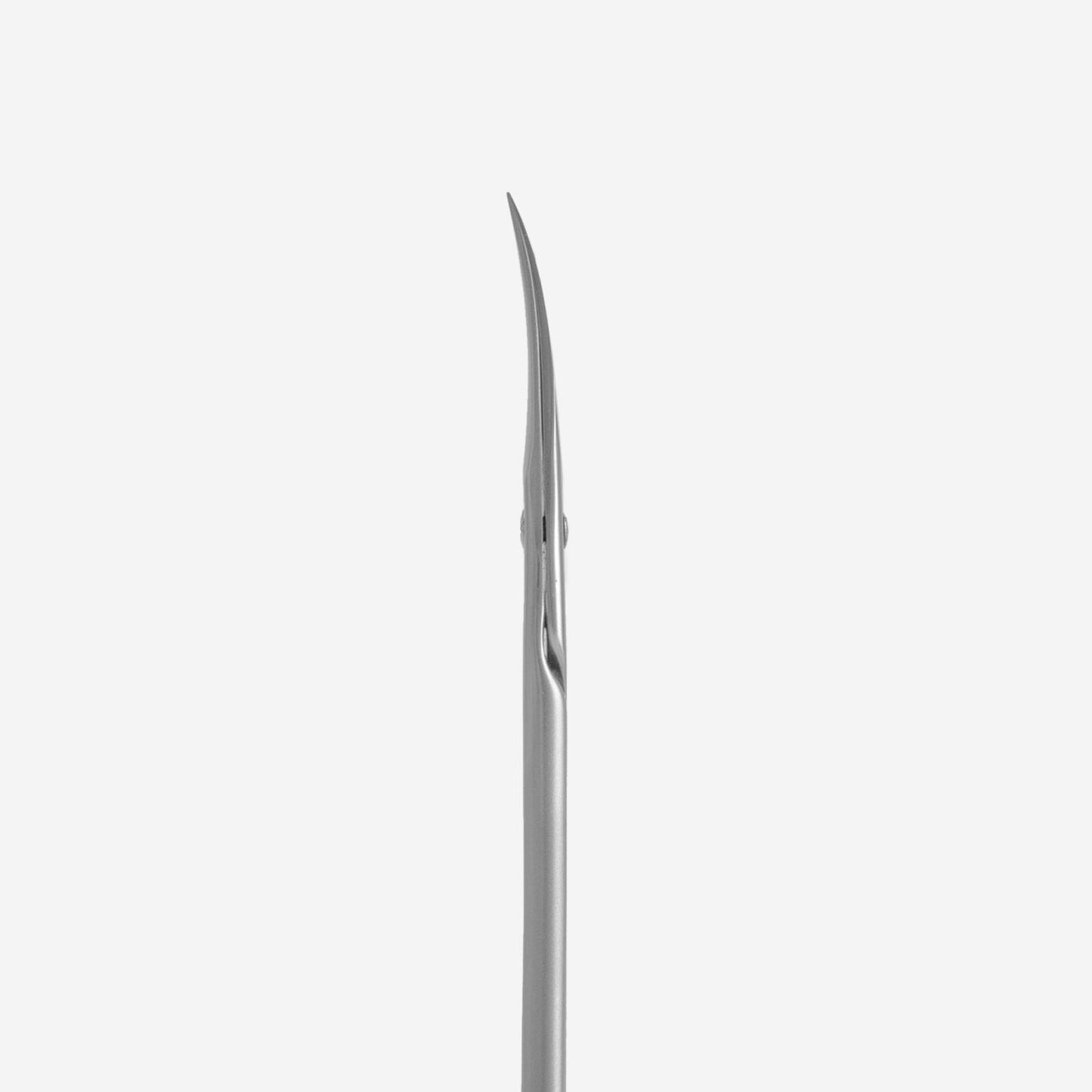 Close-up of a curved suture needle with a sharp point, set against a plain, light gray background. The needle's smooth, metallic surface reflects light subtly, similar to how the STALEKS PRO Ballerina Professional Cuticle Scissors UNIQ 10 TYPE 4 from Staleks highlight their commitment to precision and medical-grade quality.