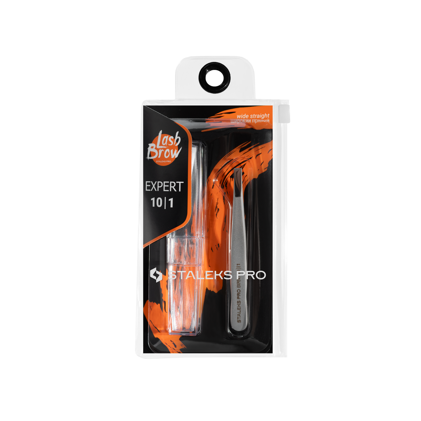 A STALEKS mascara package labeled "lash brow expert 10+1" with an orange and black design, including a mascara tube and wand for eyebrow correction, encased in a clear plastic box with bold graphics.