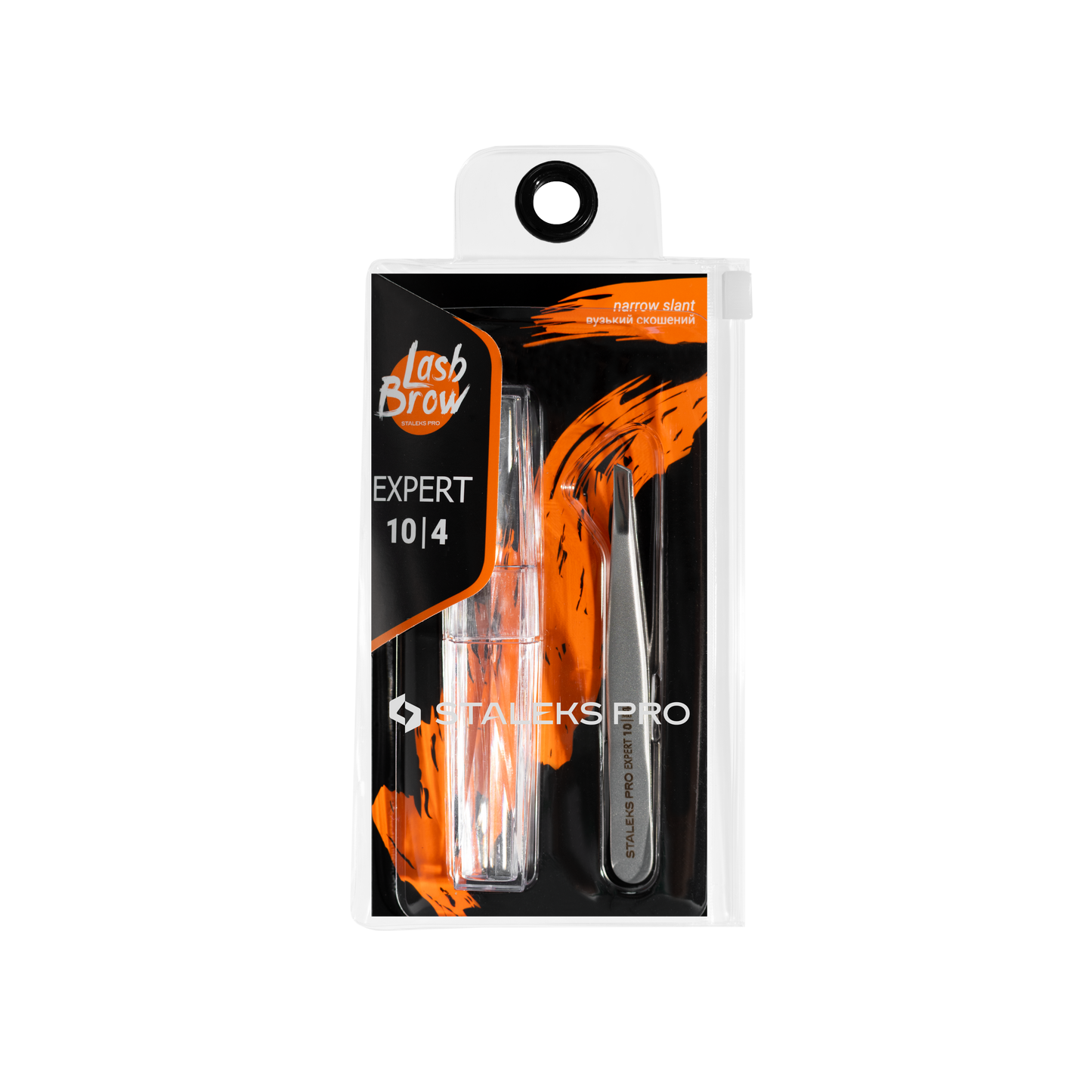 A Staleks PRO Eyebrow tweezers (slant) EXPERT 10 TYPE 4 stainless steel tweezer set in clear packaging, featuring an orange and black design with narrow slanted edges and a magnifying mirror attached on top.