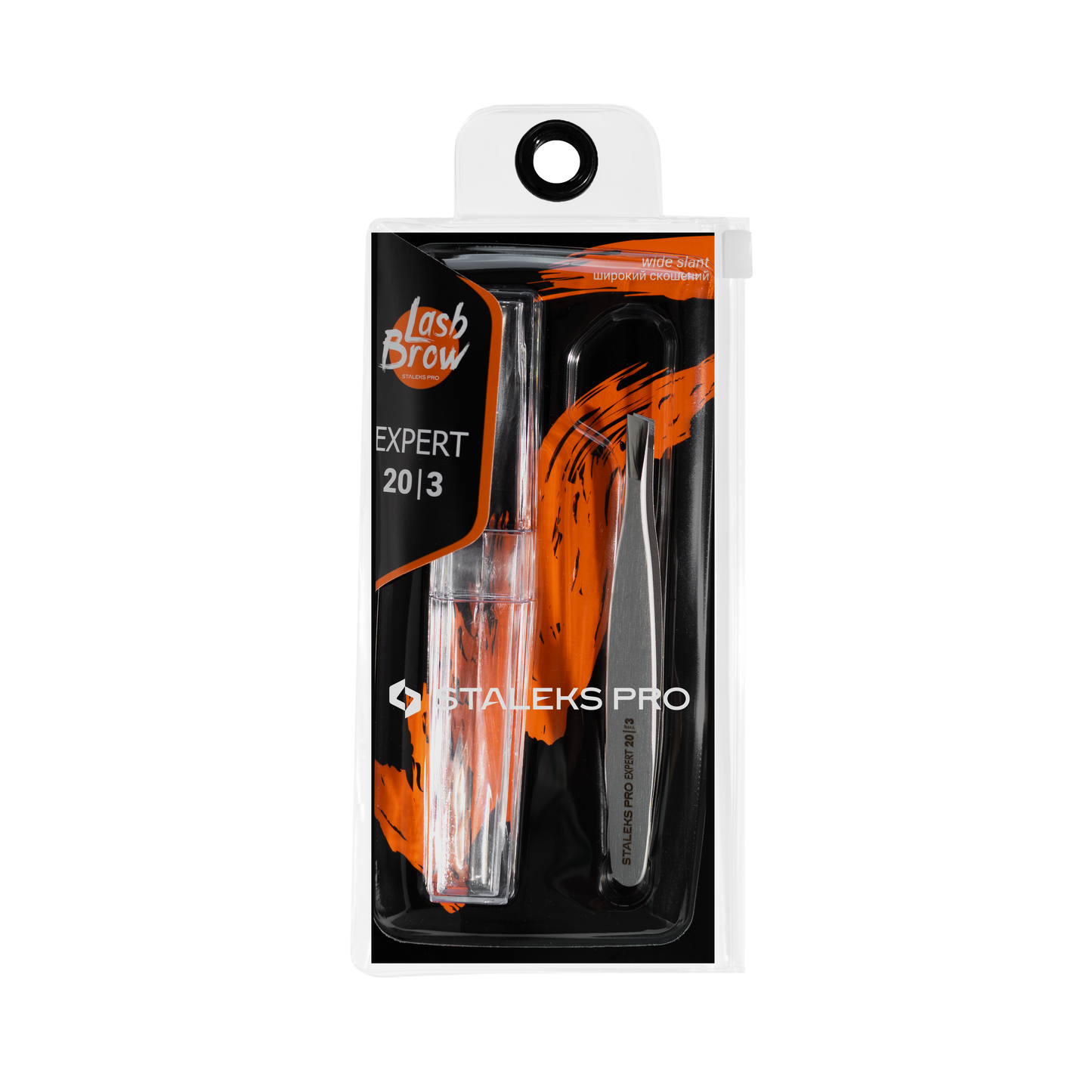 Product packaging of Staleks Pro Expert 20/3 eyebrow tweezers (wide slant), featuring a clear plastic box with a black and orange design, specifically for thick wide eyebrows, and the tool visible inside.