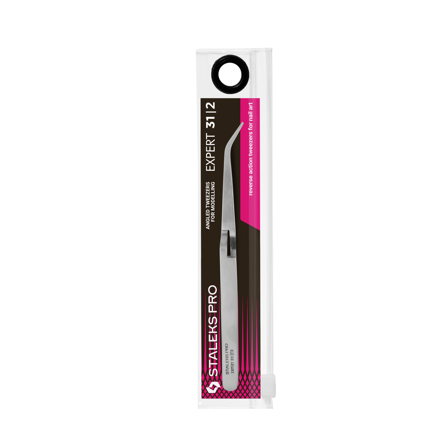 A pack of STALEKS PRO Reverse action tweezers for nail art EXPERT 31 TYPE 2, labeled "expert 3112," in a clear plastic case with a black and magenta label.