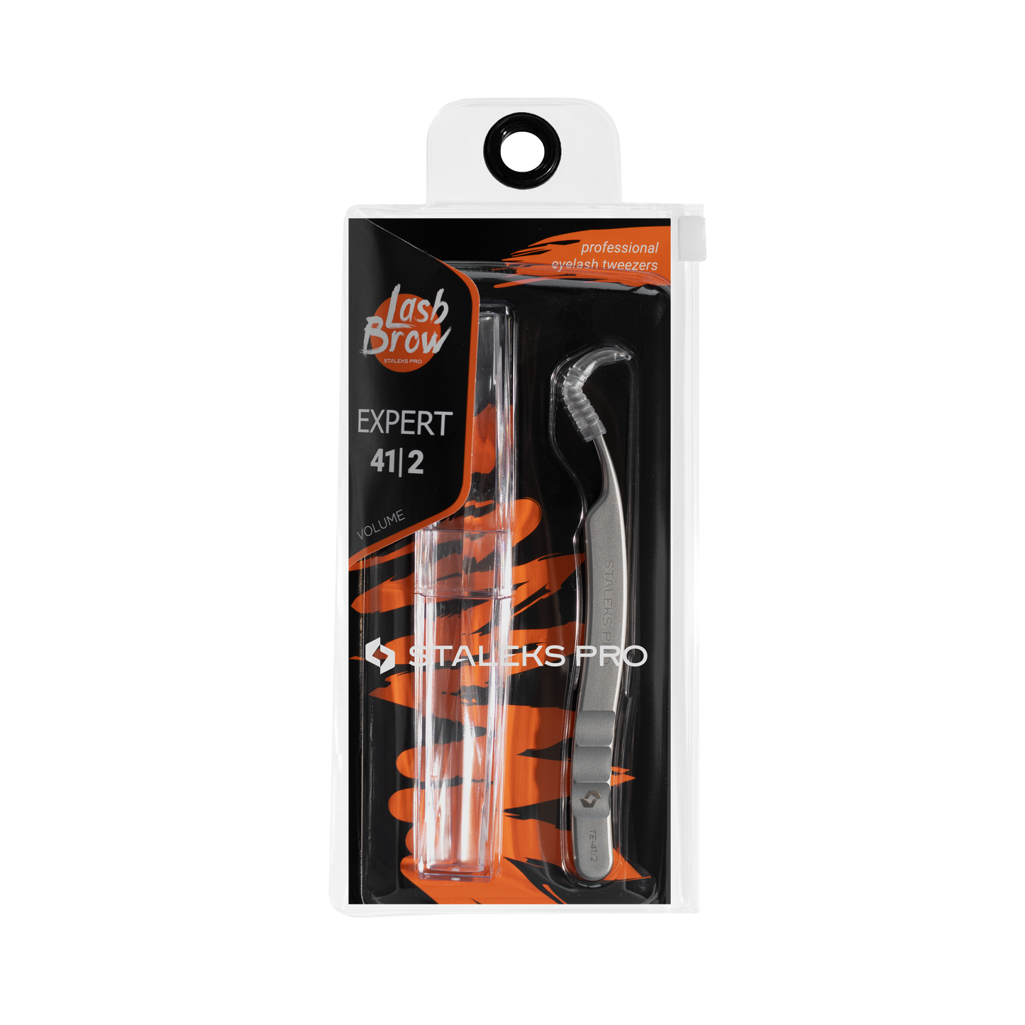 A packaged eyebrow grooming kit featuring an STALEKS PRO Professional eyelash tweezers (L-shaped,40') EXPERT 41 TYPE 2 with ergonomic handles and stainless steel eyelash extension tweezers inside a clear plastic blister pack labeled "lashbrow expert 412" by Staleks.