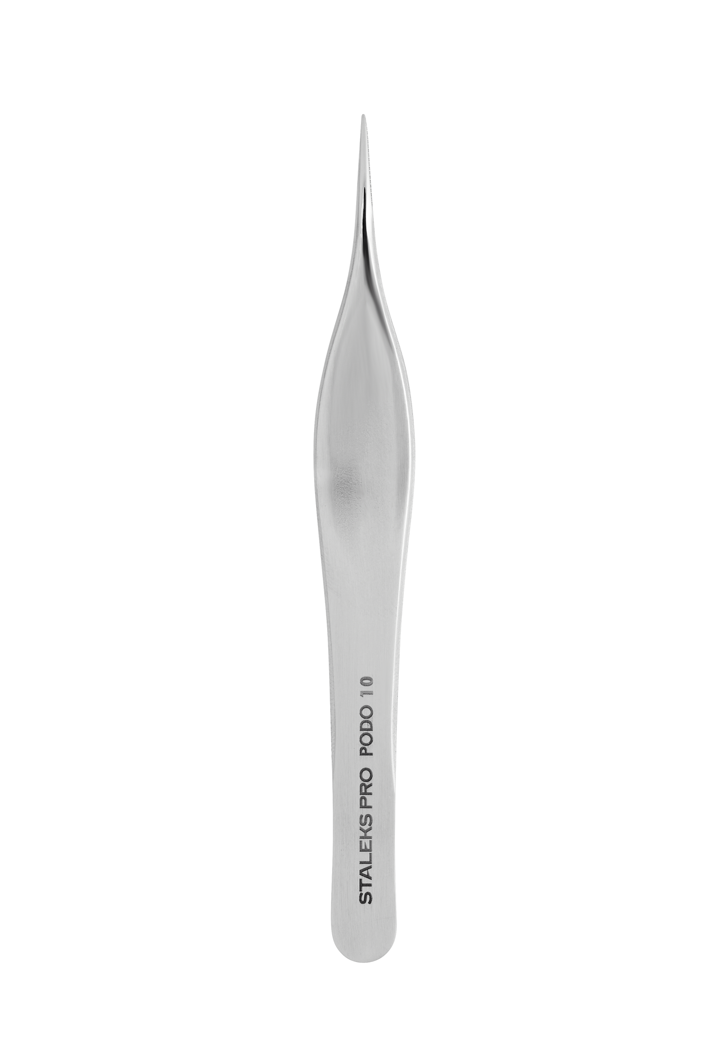 The STALEKS PRO Podology Splinter Tweezers PODO 10 by Staleks, made of rust-resistant stainless steel with a pointed tip and broad handle for ingrown nail care, are shown against a black background.
