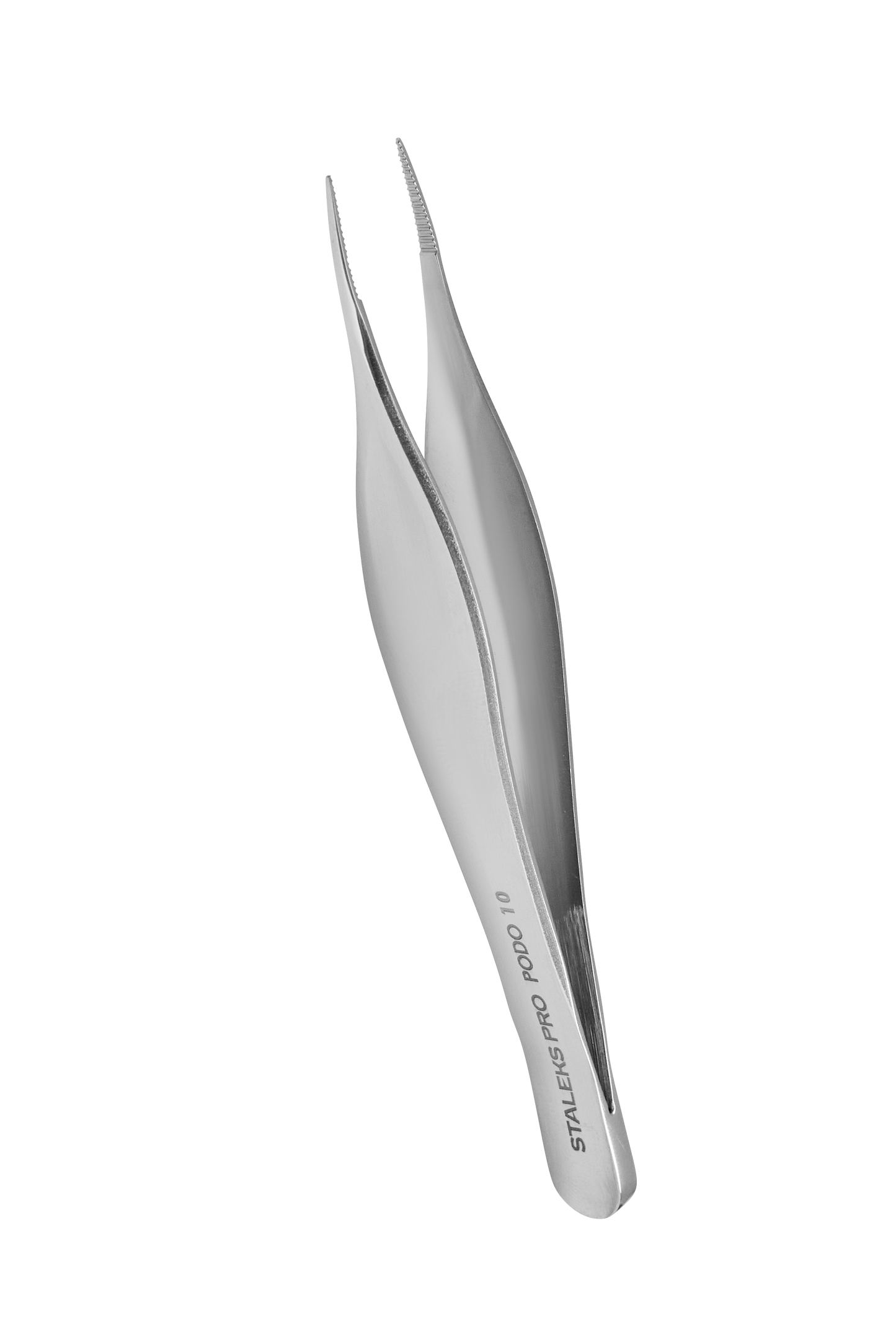 A rust-resistant stainless steel STALEKS PRO Podology Splinter Tweezer PODO 10 by Staleks, featuring a curved tip, is shown against a plain white background.