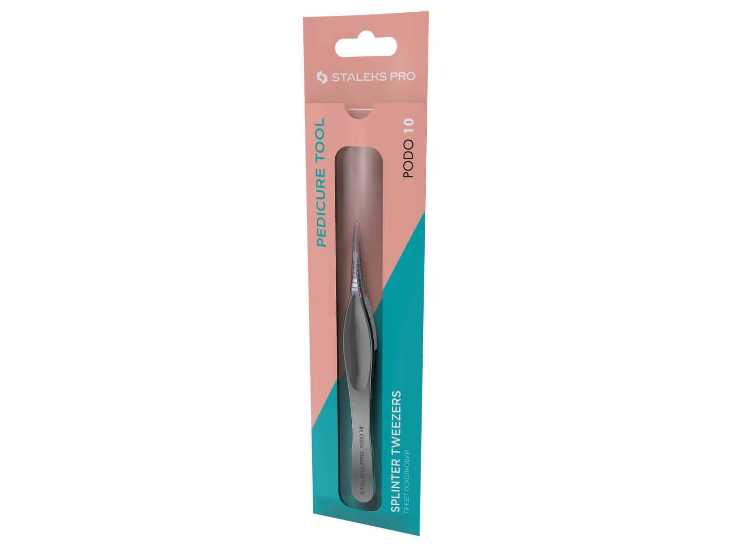 The Staleks STALEKS PRO Podology Splinter Tweezers PODO 10, made of rust-resistant stainless steel and ideal for ingrown nail care, is shown in pink and teal packaging with a clear window labeled "Pedicure Tool.