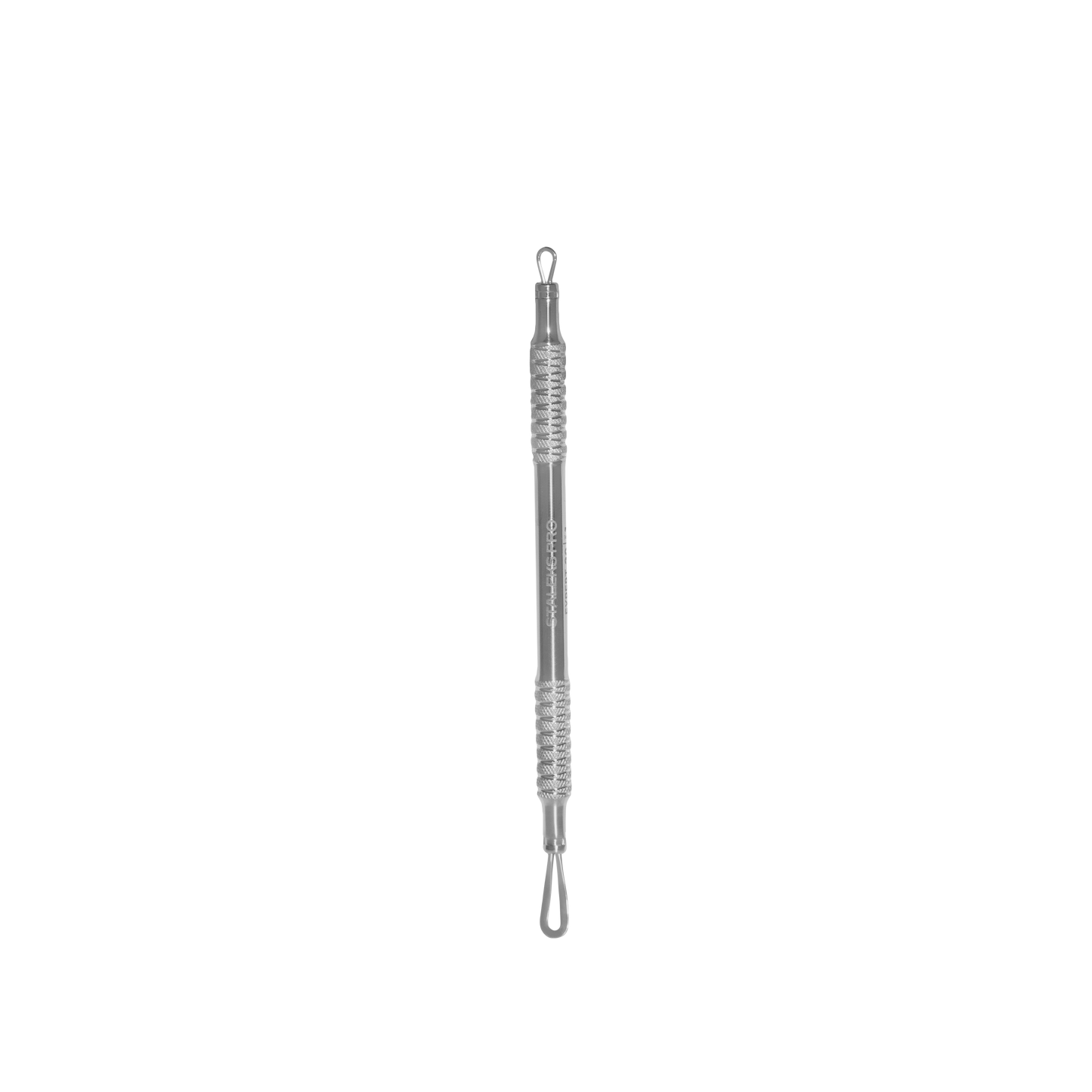 A transparent hydrometer with a silver-colored AISI 420 stainless steel scale, floating in a vertical position, isolated on a white background.