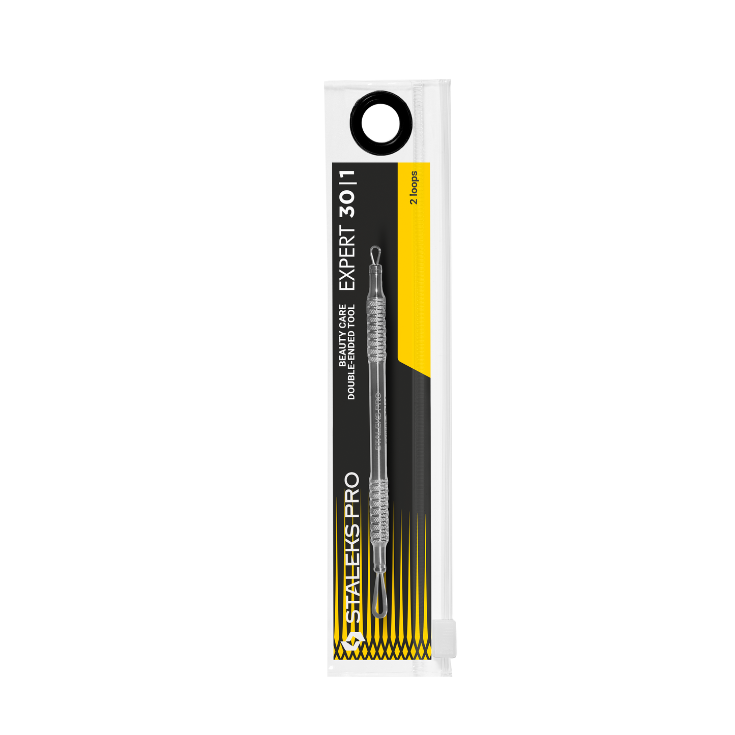 A pack of Staleks PRO Beauty care Blackhead Remover double-ended tool EXPERT 30 TYPE 1 gaming stylus pens, featuring a black and yellow design, crafted from AISI 420 stainless steel, displayed in a clear plastic case with a hanging