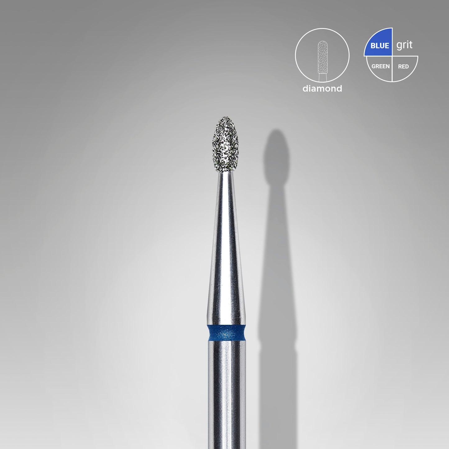 A STALEKS PRO Diamond Nail Drill Bit, featuring a rounded bud head and diamond-coated tip, is presented against a gray backdrop. The image highlights its precision akin to a manicure tool with an inset showing the blue grit and diamond material.
