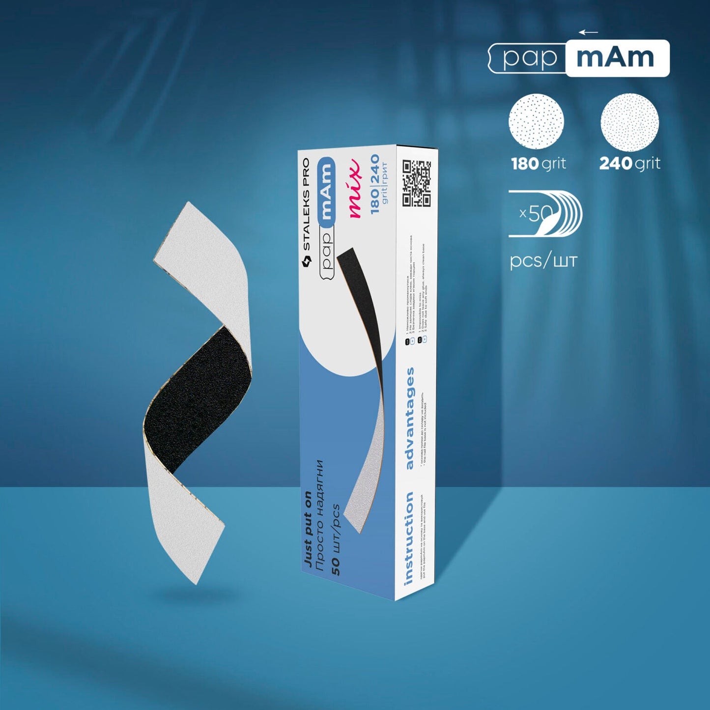 A box labeled "STALEKS PRO Disposable Double-Sided Files PapmAm Mix Expert 22 (50 pcs)" by Staleks Oregon is shown with two curved, glueless, replaceable files (180/240 grit)—perfect for manis and pedis, against a blue gradient background.