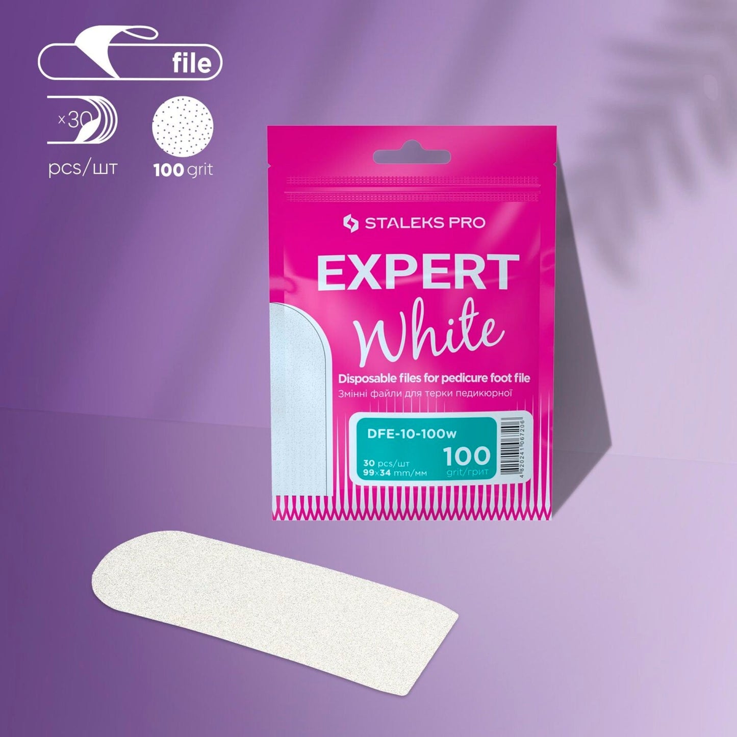 STALEKS PRO Refill Pads for Pedicure Foot File Expert 10 (100 grit, 30 pcs) by Staleks shown in white packaging, with a single white foot file in front on a light purple background with soft shadows.