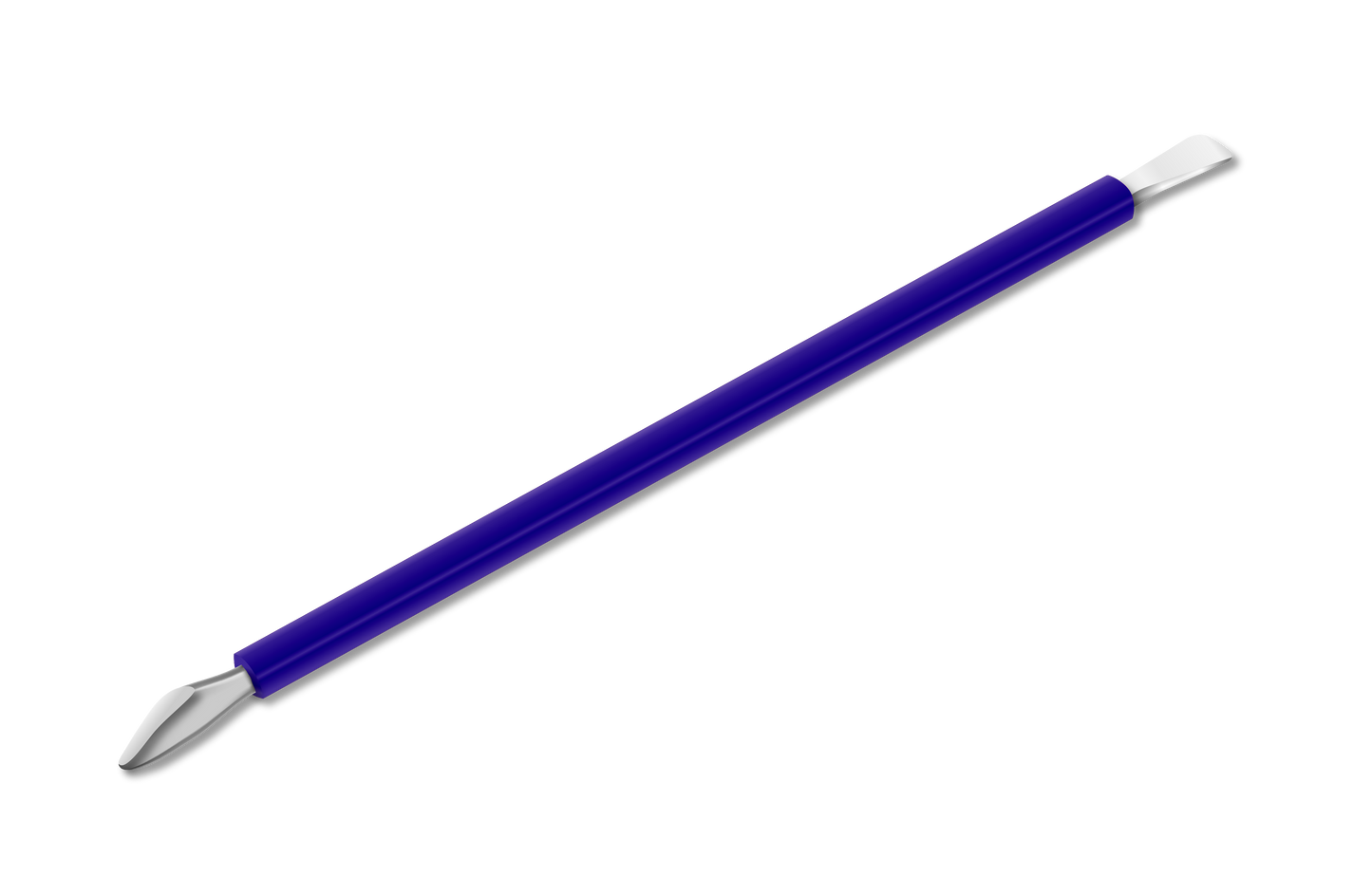 The ISIS CUTELARIA Spatula, a stainless steel dual-ended cuticle tool by Isis Cutelaria, features a flat beveled and rounded pointed end ideal for nail care. Displayed elegantly against a white background, this Palito Espatula Cores offers precise grooming in blue.