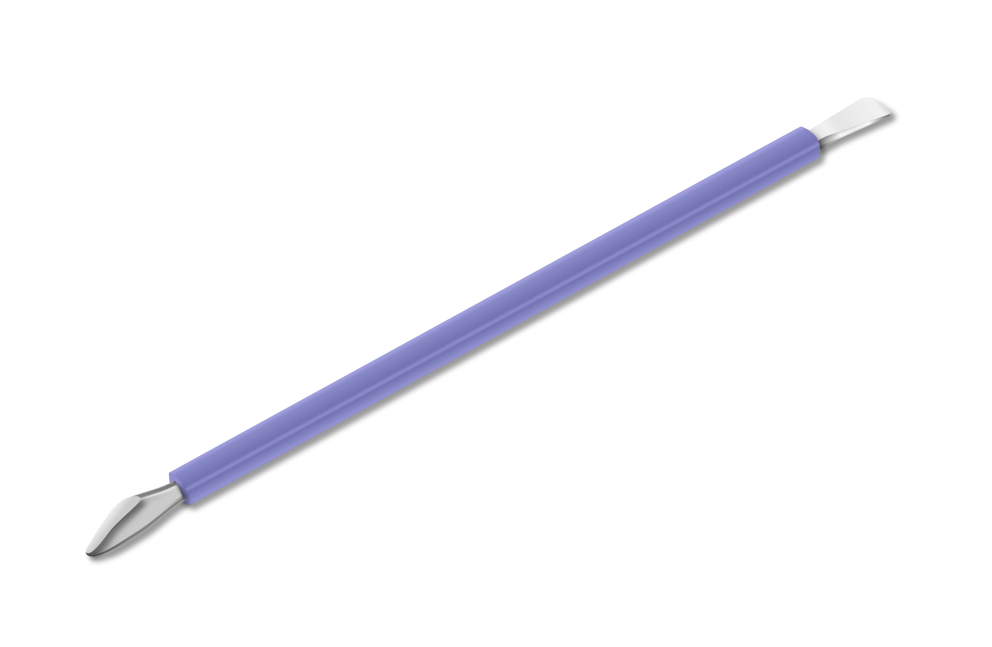 The ISIS CUTELARIA Spatula with Flat and Sharp Pusher in stainless steel from Isis Cutelaria, featuring dual metal tips, is essential for nail care. One end is flat while the other is pointed, and it comes in a striking purple design against a plain white background.