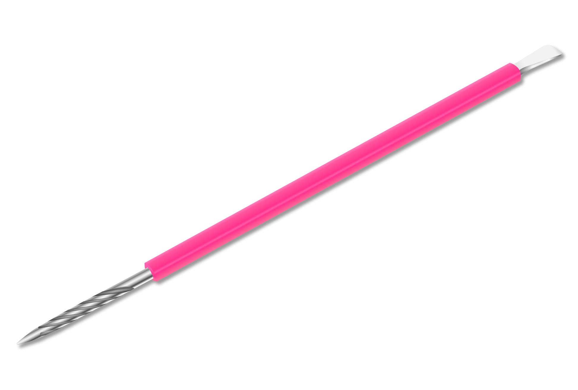 The ISIS CUTELARIA Pusher and Stick by Isis Cutelaria features a dual-ended design with a bright pink handle: one end has a fine twisted stainless steel tip, the other a flat, angled tip for shaping/detailing, complete with a silicone cover for comfort.
