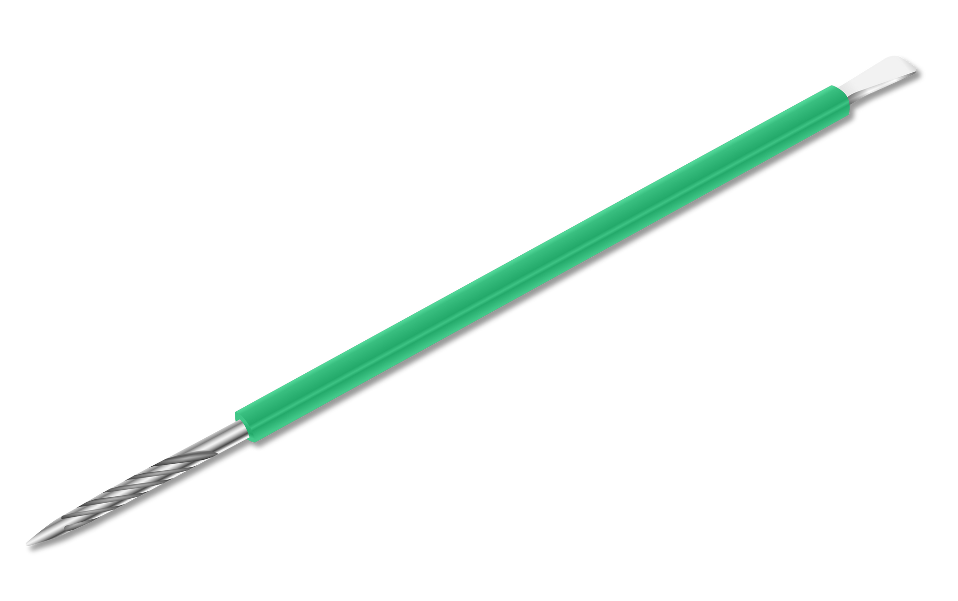 The ISIS CUTELARIA Pusher and Stick Stainless Steel with Silicone Cover by Isis Cutelaria is a dual-ended manicure tool featuring a green silicone cover, with one spiral-shaped cuticle pusher end and a flat-edged scraper on the other.