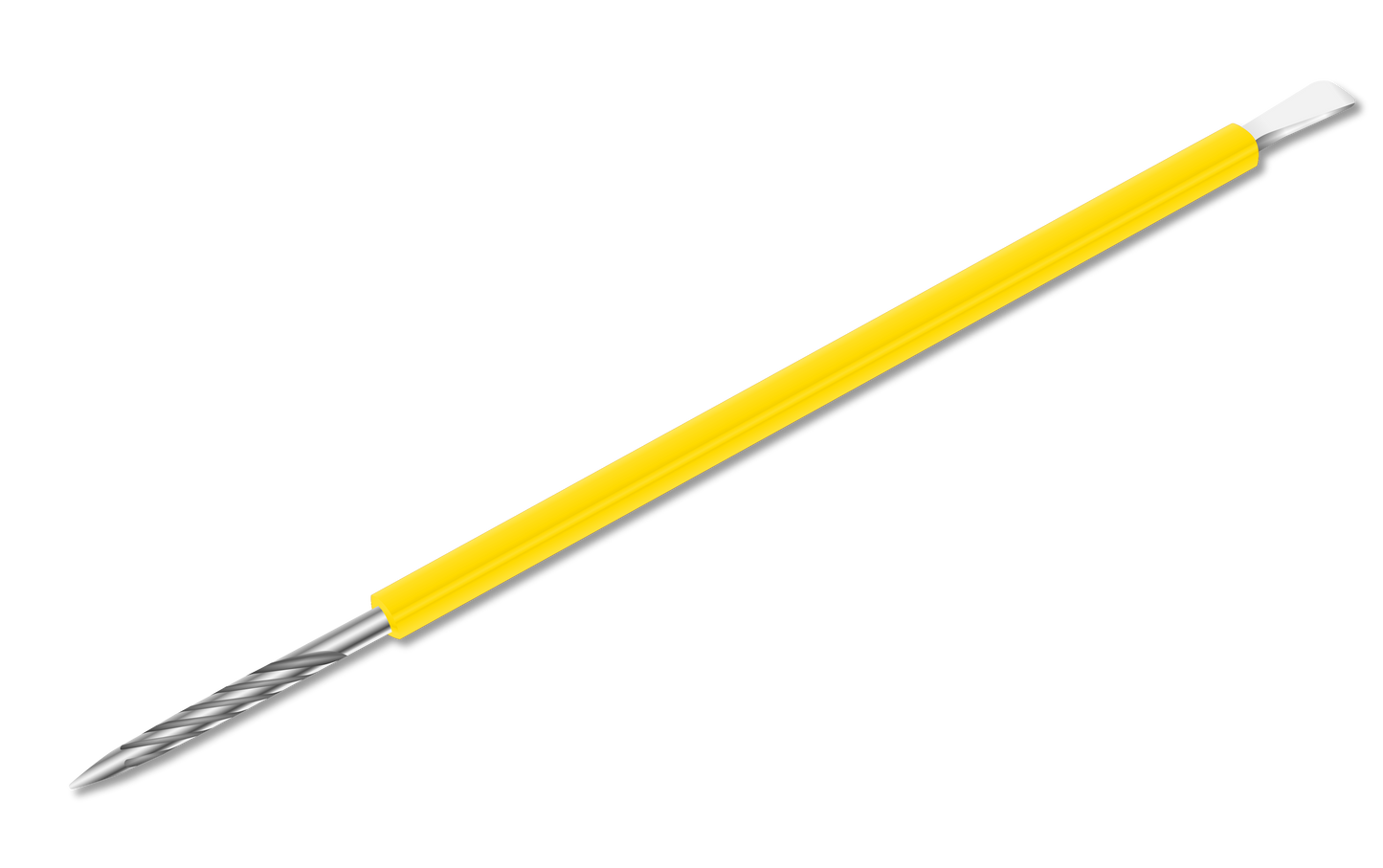 The ISIS CUTELARIA Pusher and Stick by Isis Cutelaria is a dual-ended stainless steel nail tool with a yellow silicone cover, featuring a spiral shape for cleaning and a flat cuticle pusher for grooming.