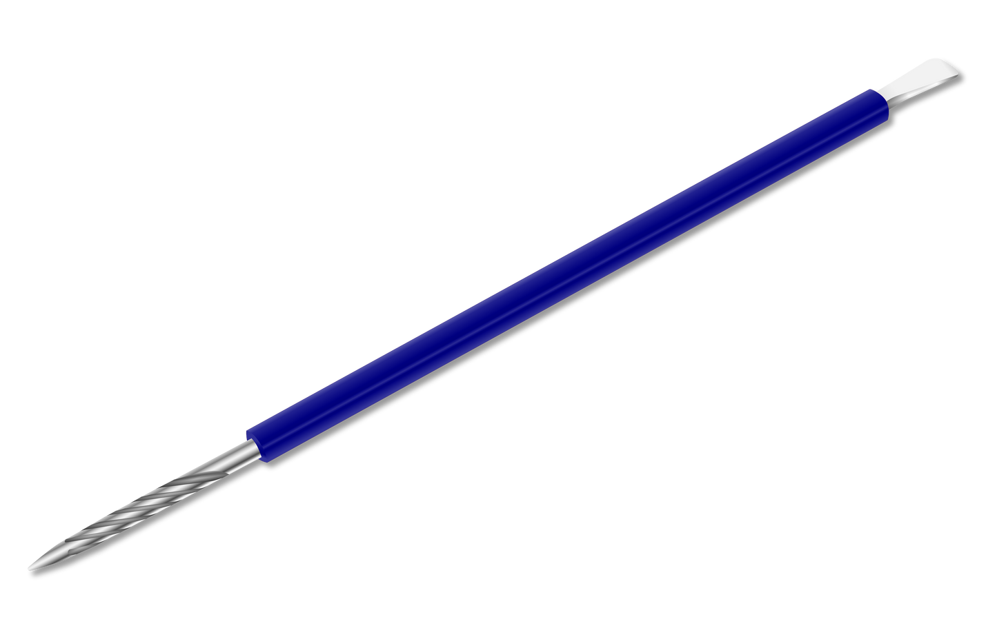 The ISIS CUTELARIA Pusher and Stick features a durable stainless steel build with a spiral tip on one end, a flat, angled edge on the other, and a blue silicone cover. Ideal for nail care by efficiently pushing back and cleaning cuticles.