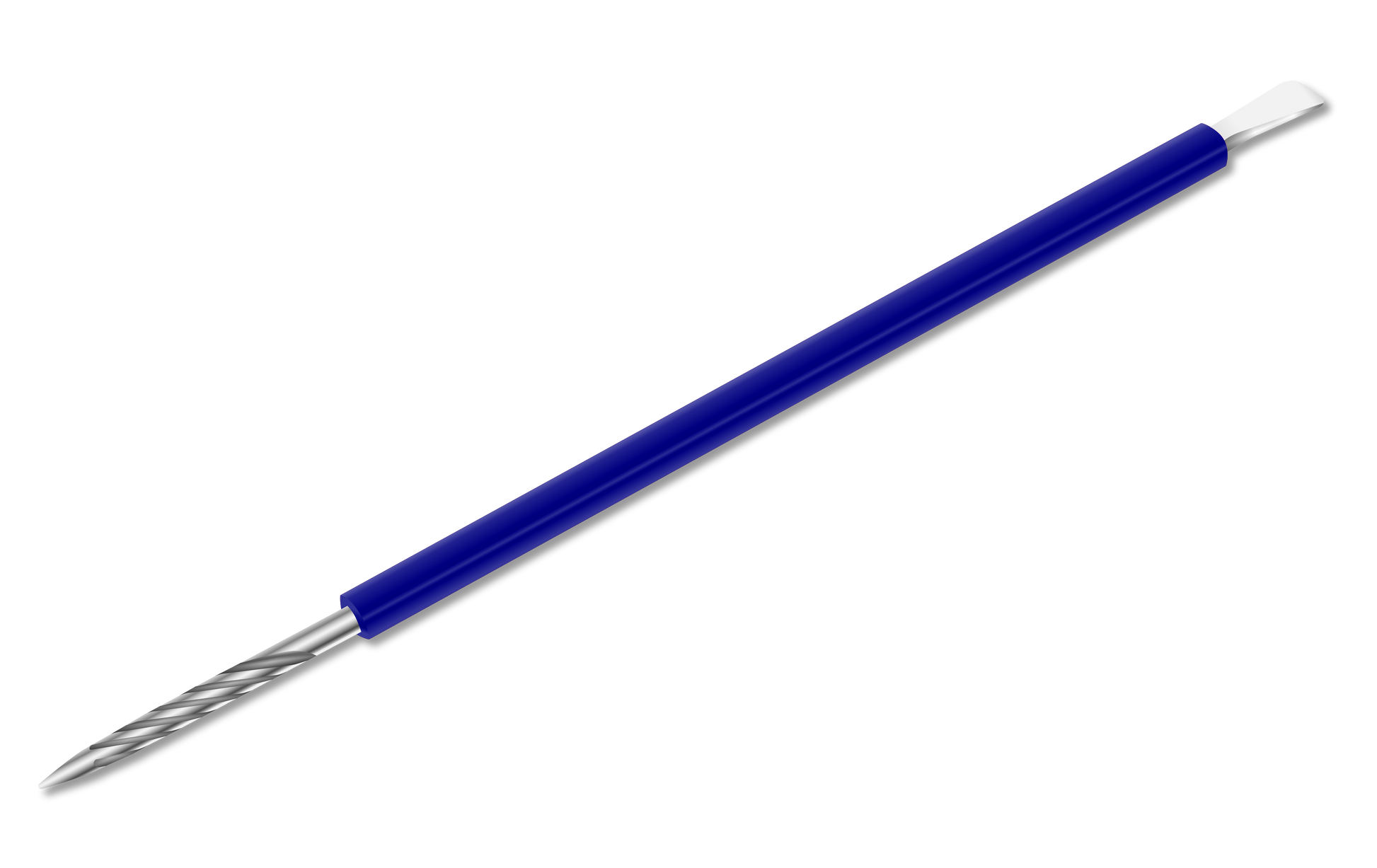 The ISIS CUTELARIA Pusher and Stick features a durable stainless steel build with a spiral tip on one end, a flat, angled edge on the other, and a blue silicone cover. Ideal for nail care by efficiently pushing back and cleaning cuticles.